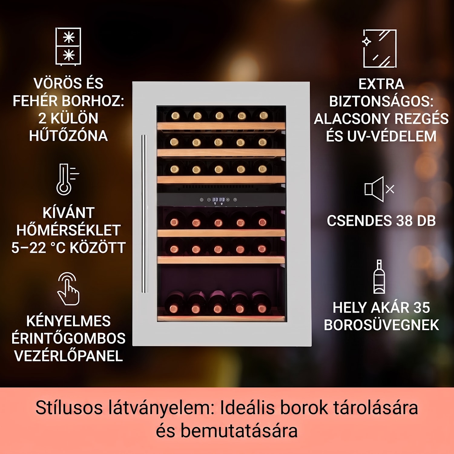 Vinsider 35D, beépített borhűtő, 128 liter, 41 palack, 2 zóna 35 palack | 2 hűtőzóna | Rozsdamentes acél