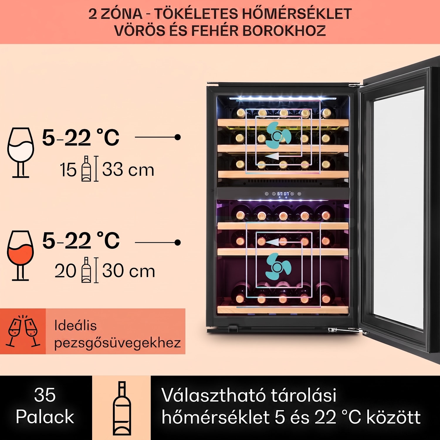 Vinsider 35D, beépített borhűtő, 128 liter, 41 palack, 2 zóna 35 palack | 2 hűtőzóna | Rozsdamentes acél