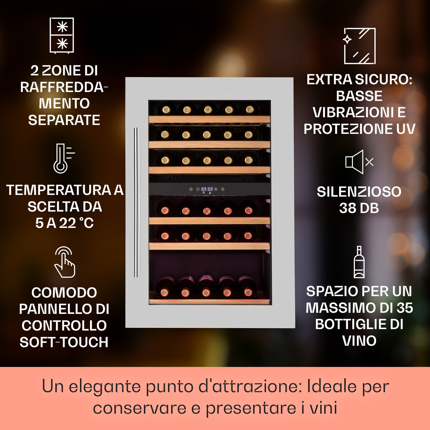Vinsider 35D Cantinetta Frigo a Incasso 128 Litri 41 Bottiglie di Vino 2 Zone 35 bottiglie | 2 zone di raffreddamento | Acciaio inox