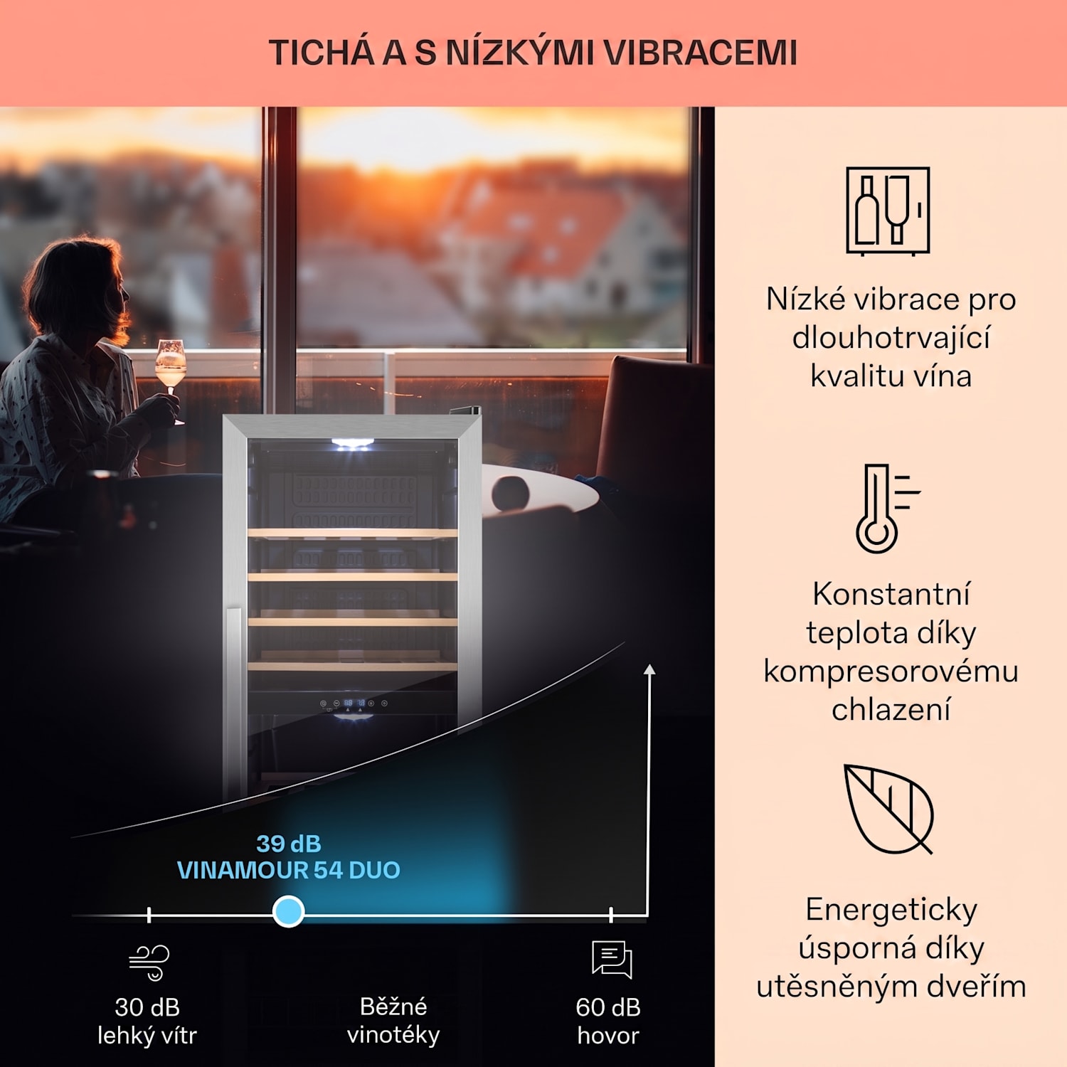 Vinamour 54D, vinotéka, 148 l/54 lahví, 2 zóny, nerezová ocel 54 lahví | 2 chladicí zóny | Černá