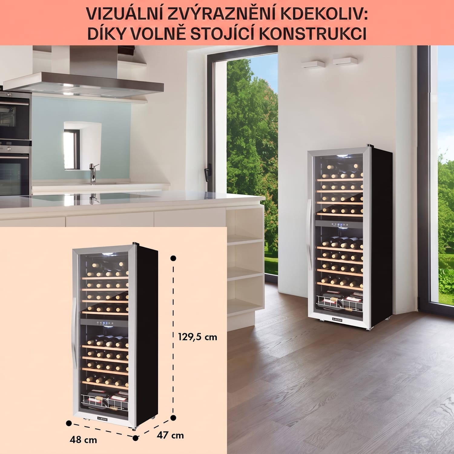 Vinamour 54D, vinotéka, 148 l/54 lahví, 2 zóny, nerezová ocel 54 lahví | 2 chladicí zóny | Černá