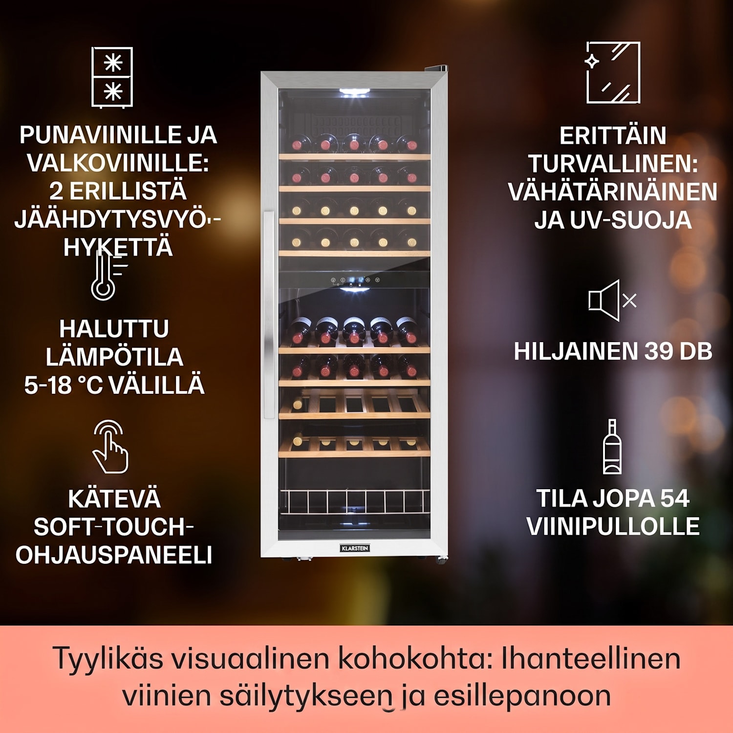 Vinamour 54D viinikaappi 2 lämpötila-aluetta 148 l 54 pullolle etusivu ruostumatonta terästä 54 pulloa | 2 jäähdytysalue | Musta