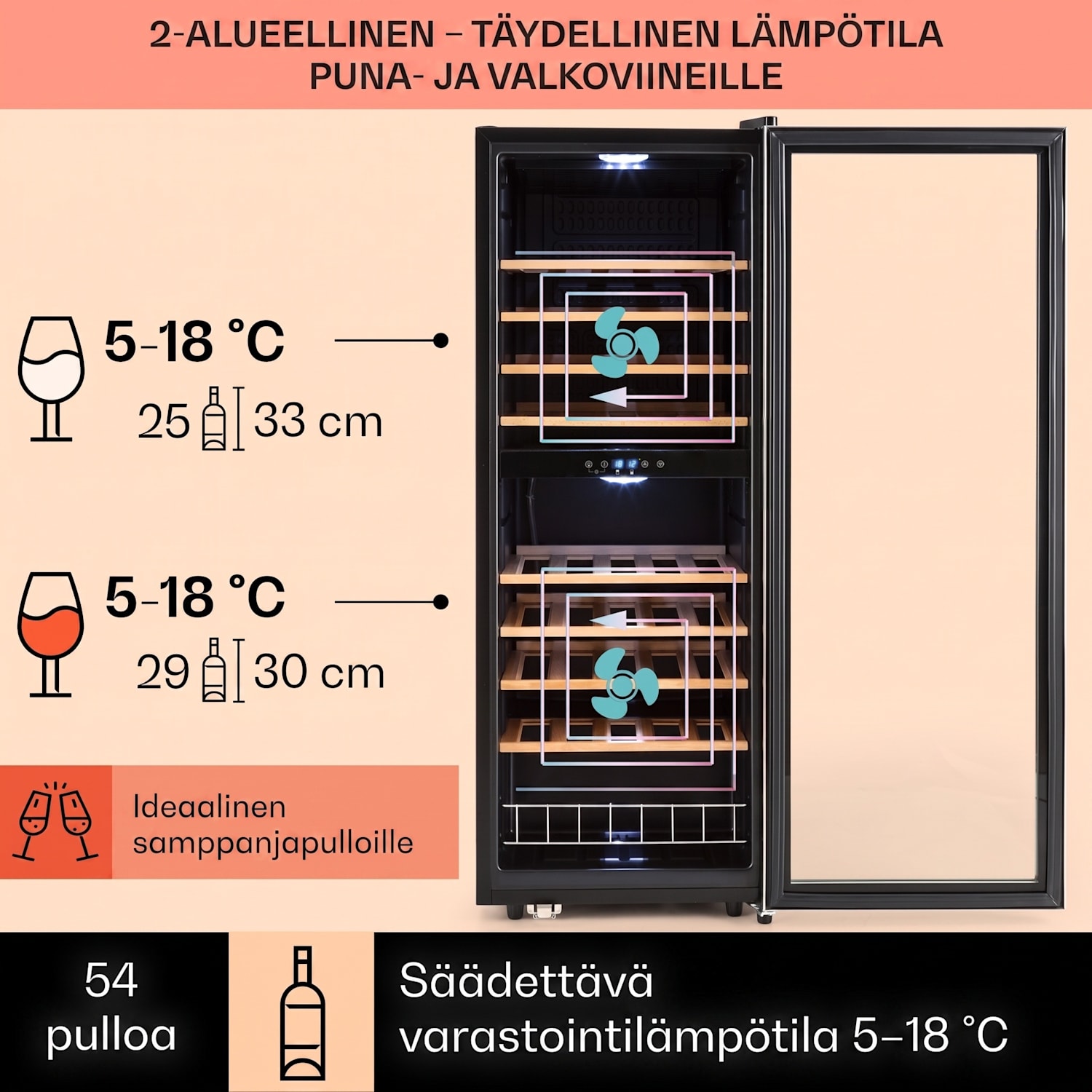 Vinamour 54D viinikaappi 2 lämpötila-aluetta 148 l 54 pullolle etusivu ruostumatonta terästä 54 pulloa | 2 jäähdytysalue | Musta