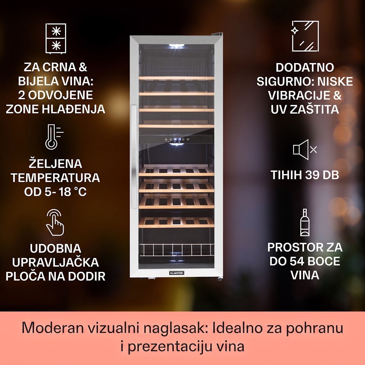 Vinamour 54D, vinoteka, 2 zone, 148 l, 54 boce, prednja strana od nehrđajućeg čelika 54 Boce | 2 | Crna