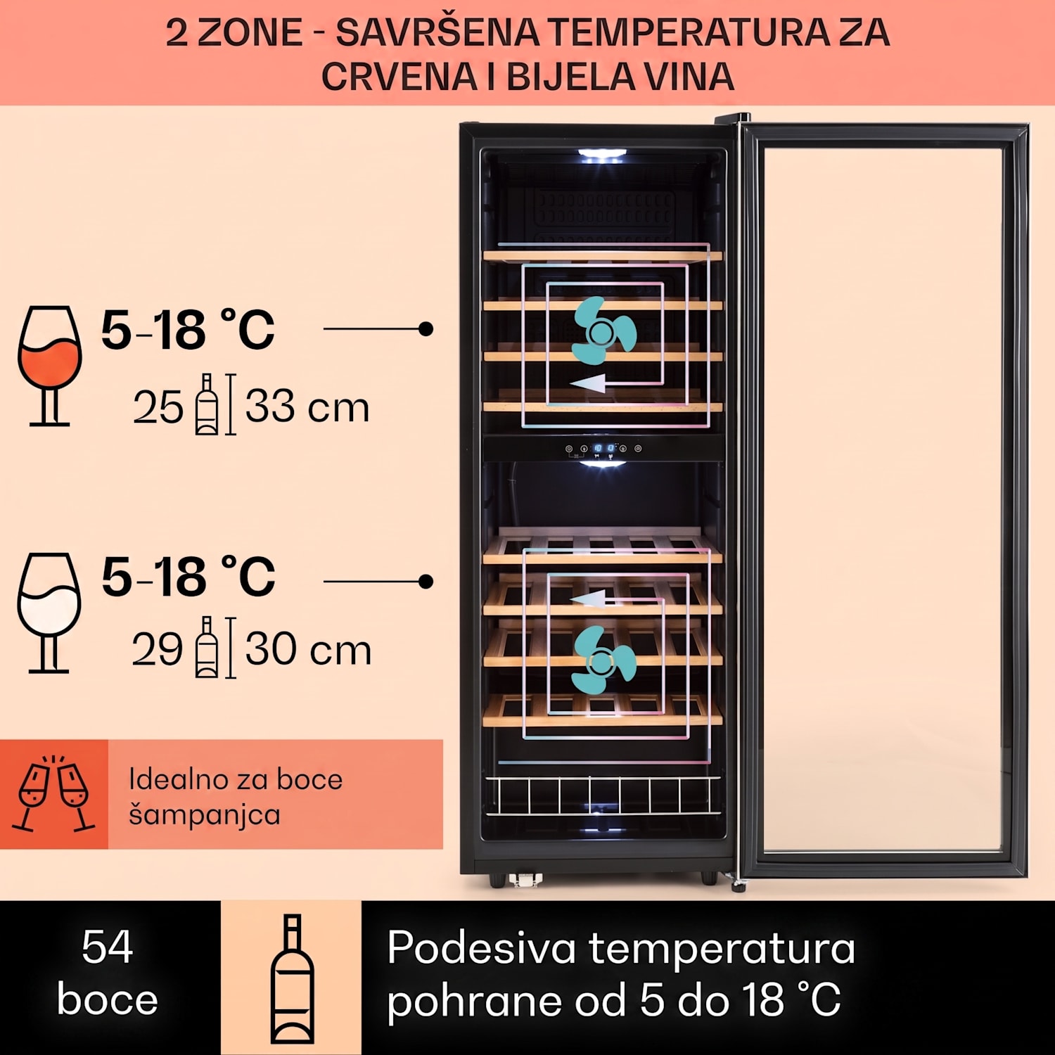 Vinamour 54D, vinoteka, 2 zone, 148 l, 54 boce, prednja strana od nehrđajućeg čelika 54 Boce | 2 | Crna