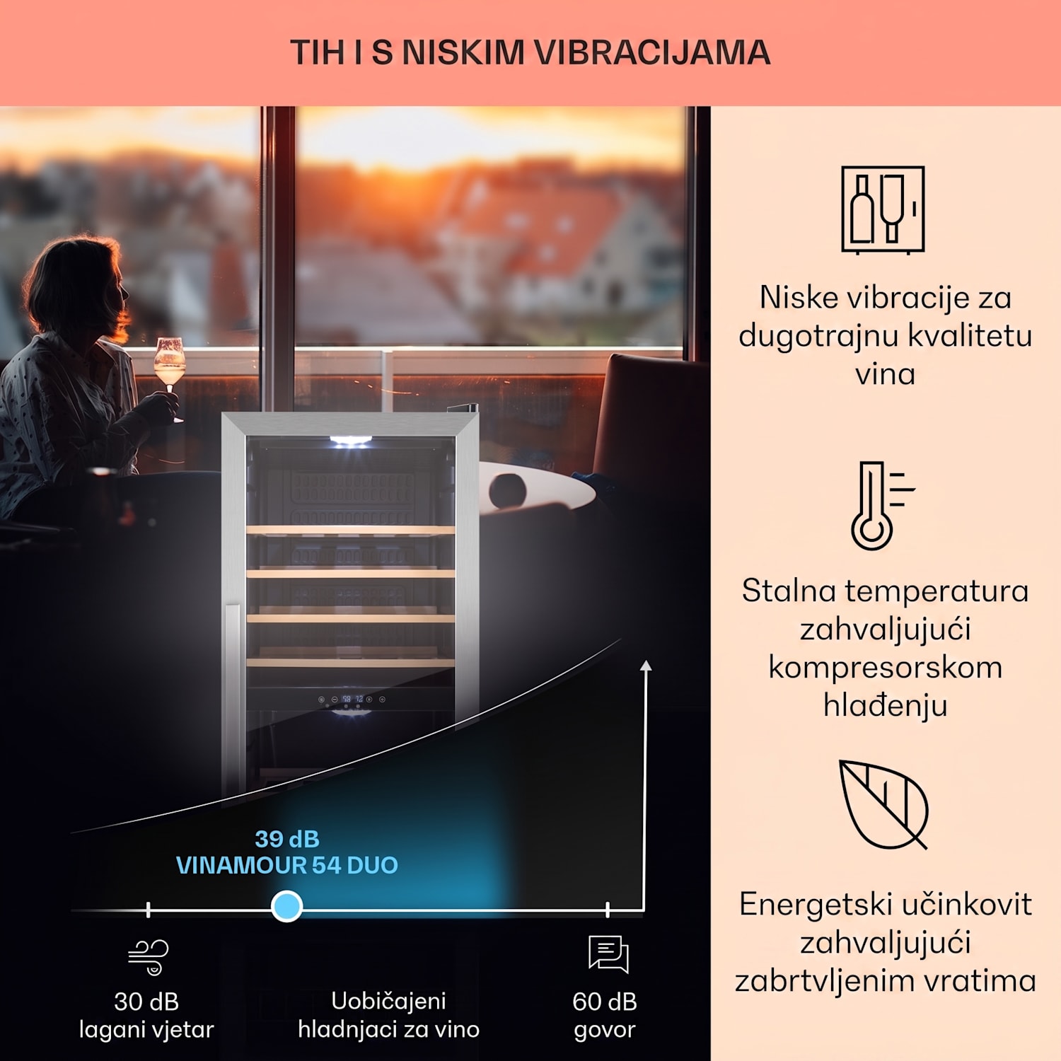 Vinamour 54D, vinoteka, 2 zone, 148 l, 54 boce, prednja strana od nehrđajućeg čelika 54 Boce | 2 | Crna