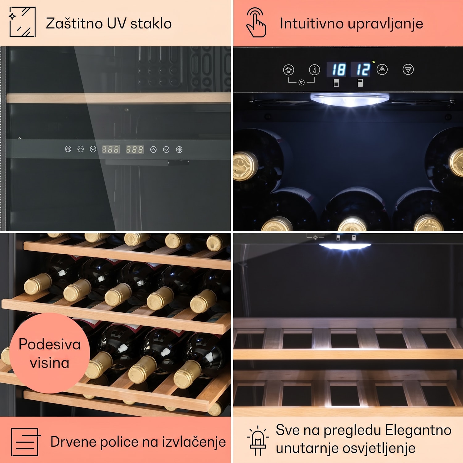Vinamour 54D, vinoteka, 2 zone, 148 l, 54 boce, prednja strana od nehrđajućeg čelika 54 Boce | 2 | Crna