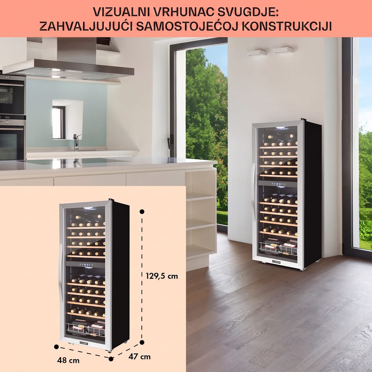 Vinamour 54D, vinoteka, 2 zone, 148 l, 54 boce, prednja strana od nehrđajućeg čelika 54 Boce | 2 | Crna