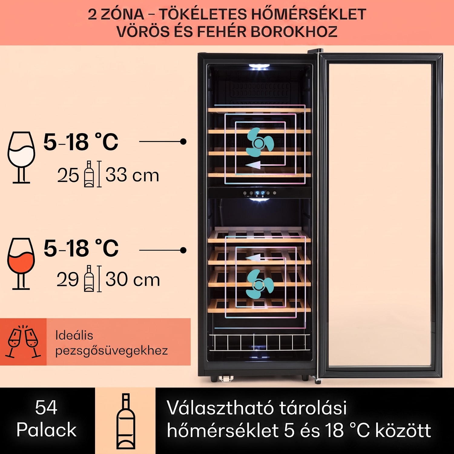 Vinamour 54D, borhűtő, 148 liter, 54 palack, 2 zóna, rozsdamentes acél 54 palack | 2 hűtőzóna | Fekete