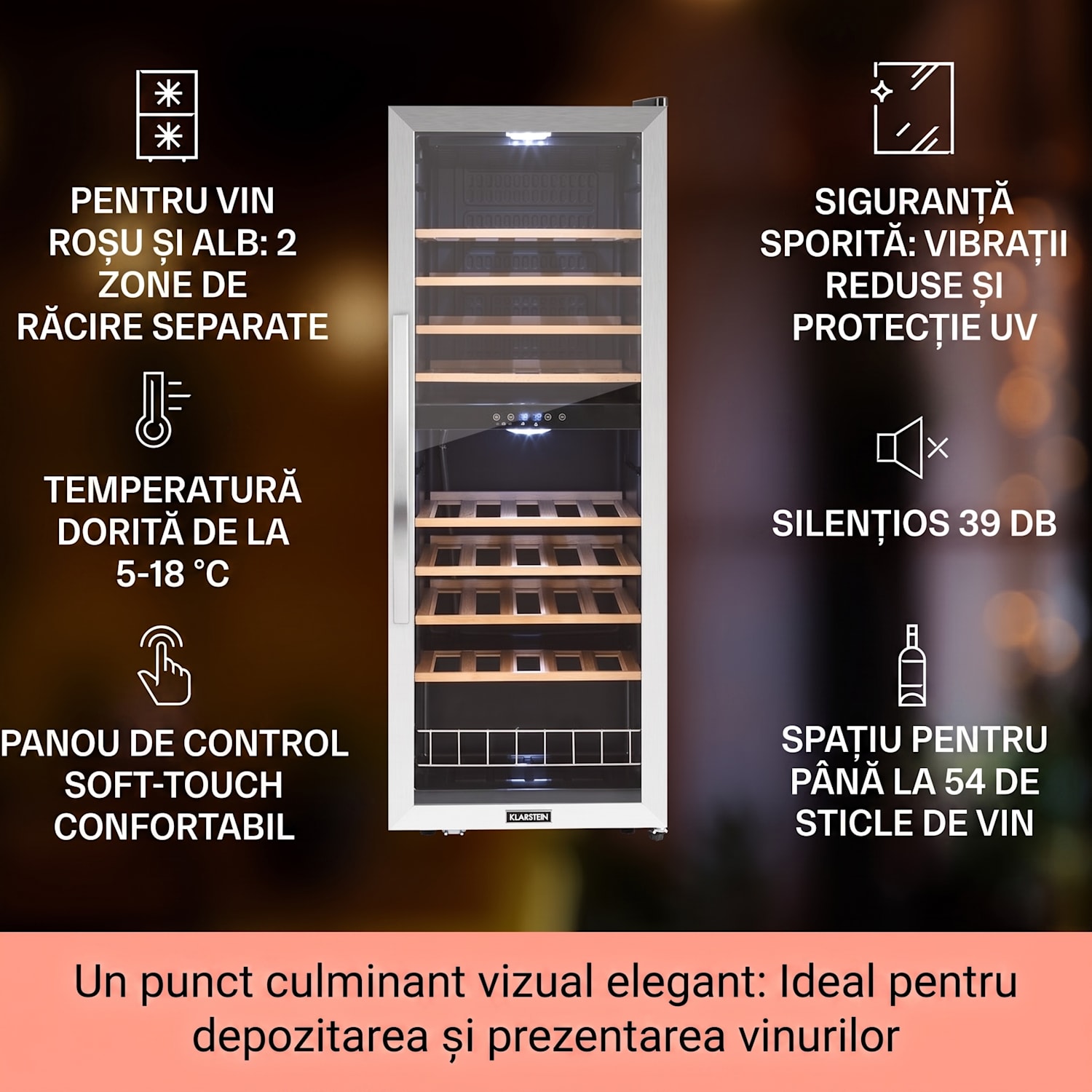 Vinamour 54D, răcitor de vinuri, 2 zone, 148 l, 54 sticle, față din oțel inoxidabil 54 de sticle | 2 | Negru