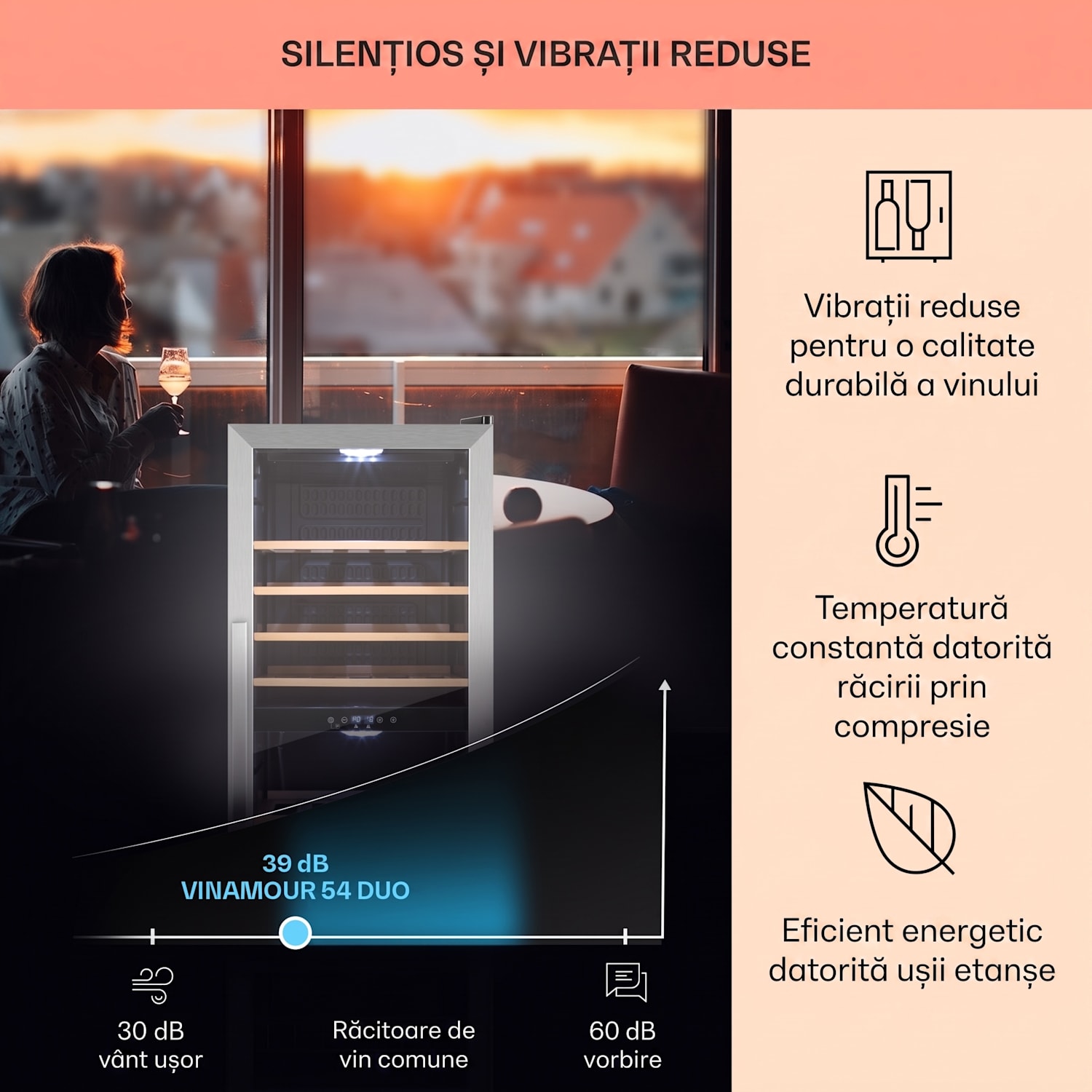Vinamour 54D, răcitor de vinuri, 2 zone, 148 l, 54 sticle, față din oțel inoxidabil 54 de sticle | 2 | Negru