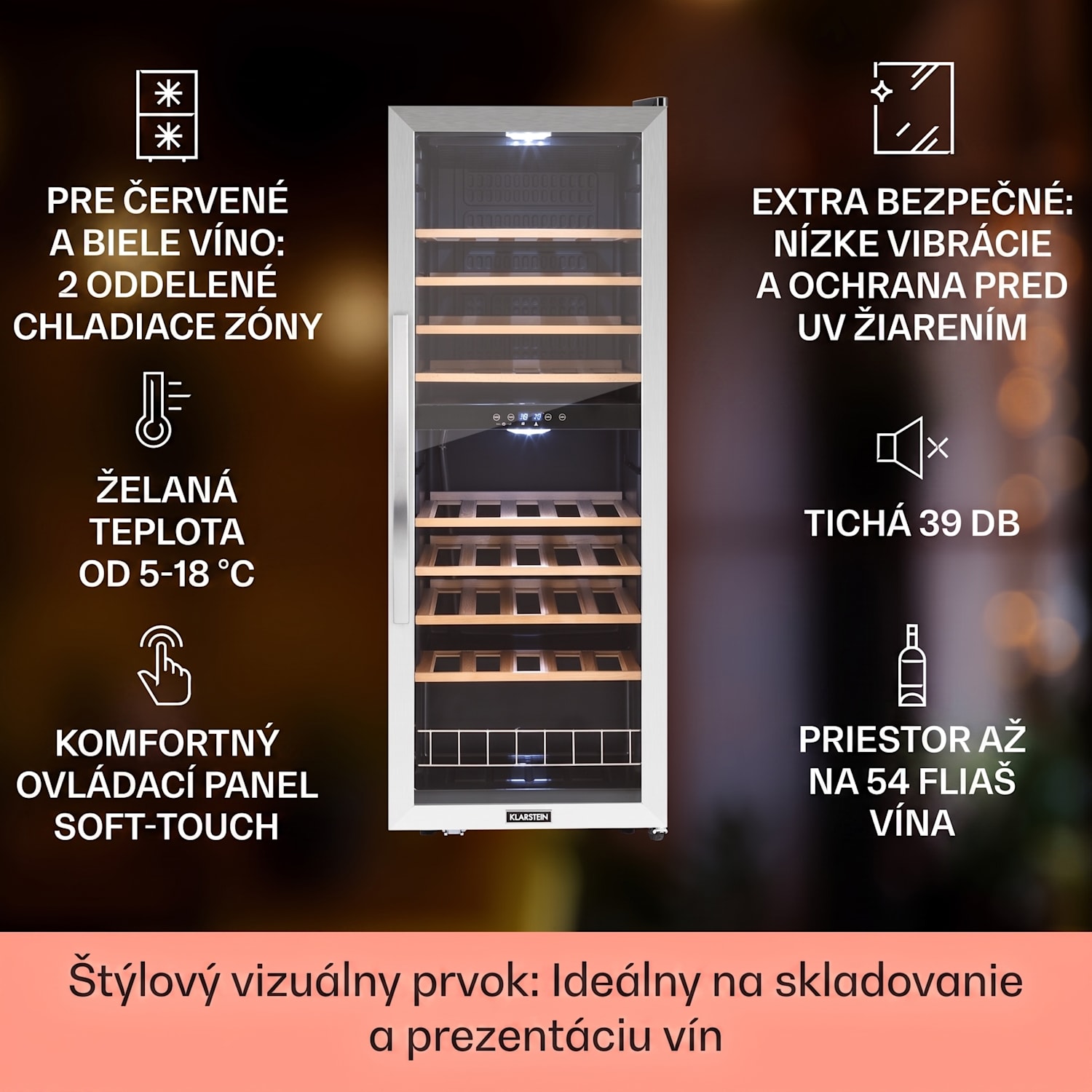 Vinamour 54D, vinotéka, 148 l, 54 fliaš, 2 zóny, čelo z nehrdzavejúcej ocele 54 fliaš | 2 chladiace zóny | Čierna