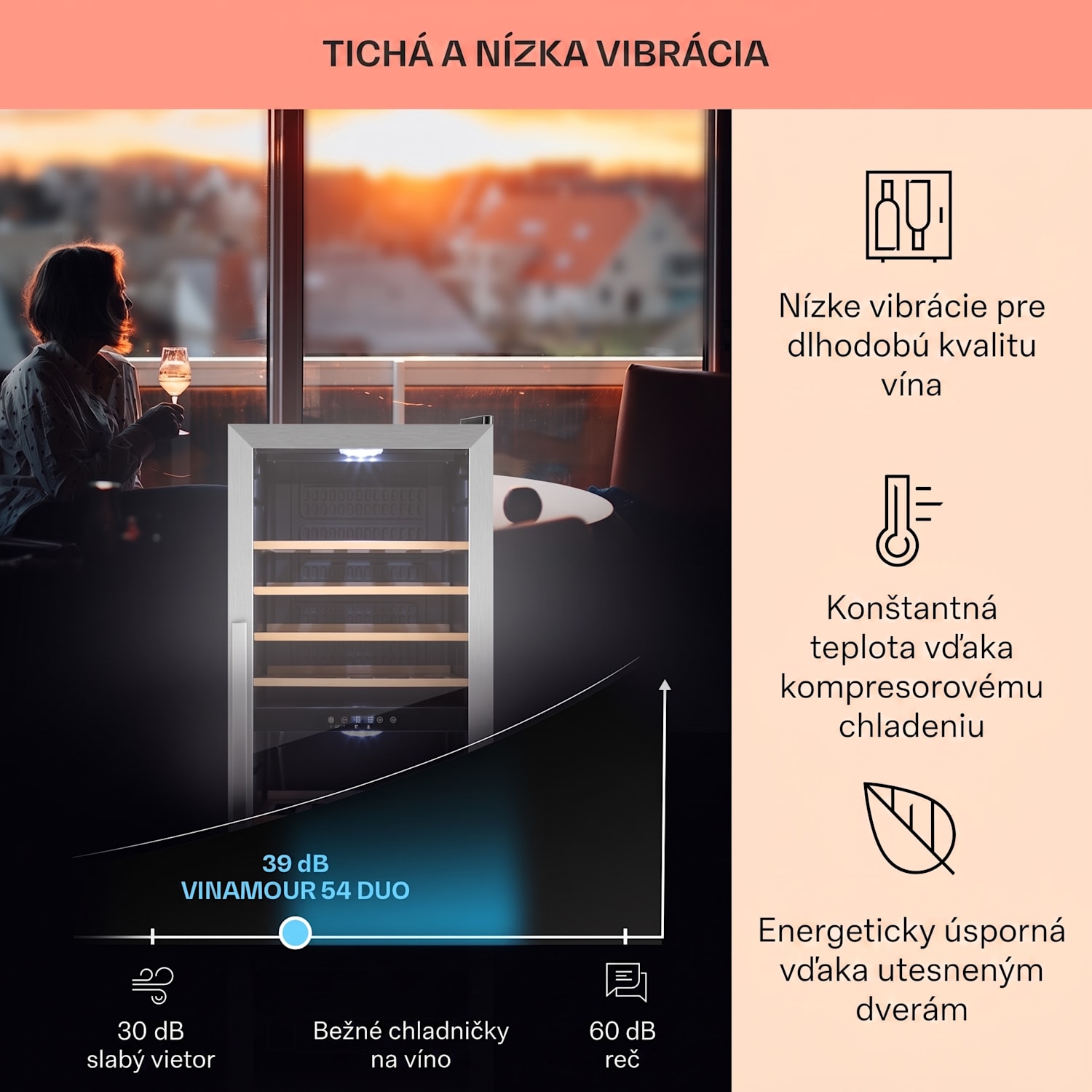 Vinamour 54D, vinotéka, 148 l, 54 fliaš, 2 zóny, čelo z nehrdzavejúcej ocele 54 fliaš | 2 chladiace zóny | Čierna