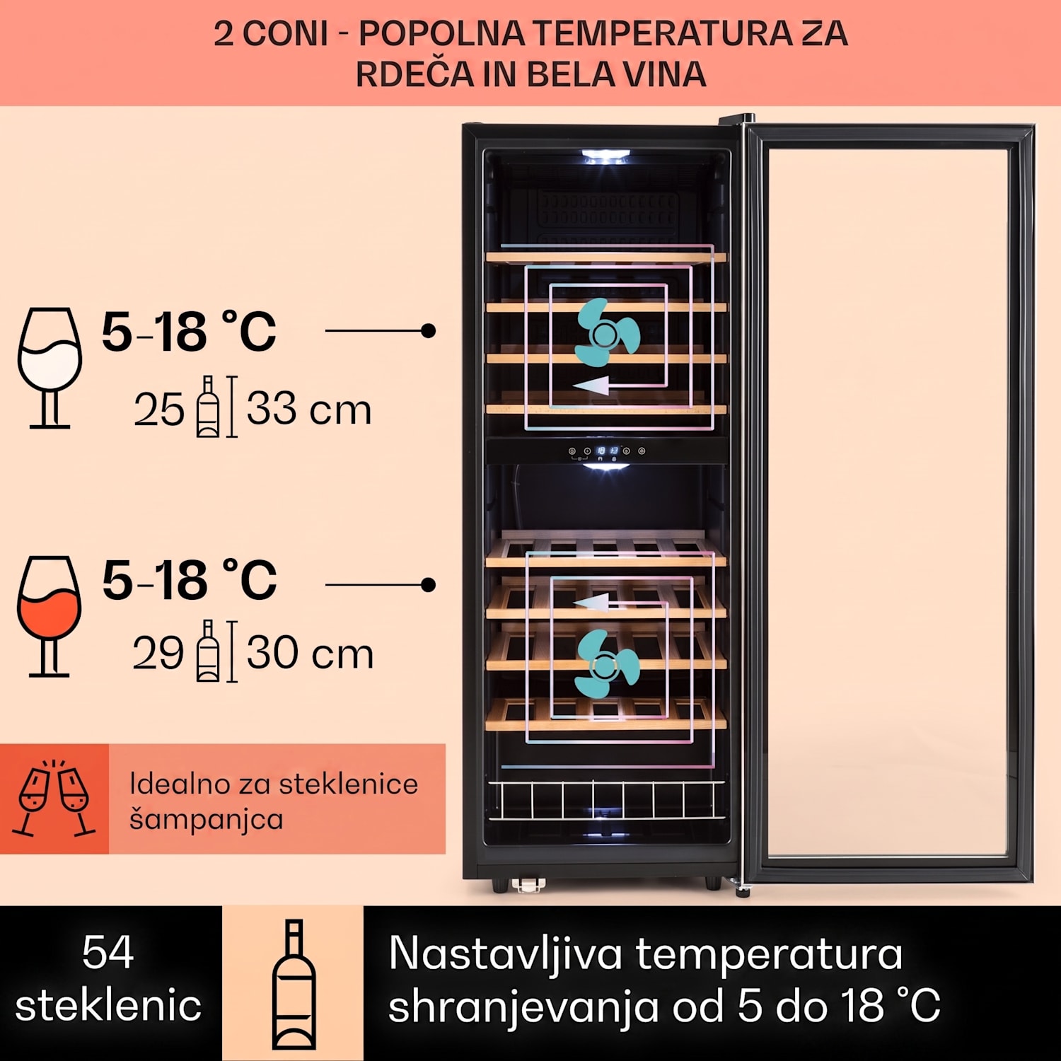 Vinamour 54D, vinska omara, 2 coni, 148 l, 54 steklenic, sprednja stran iz nerjavečega jekla 54 steklenic | 2 | Črna