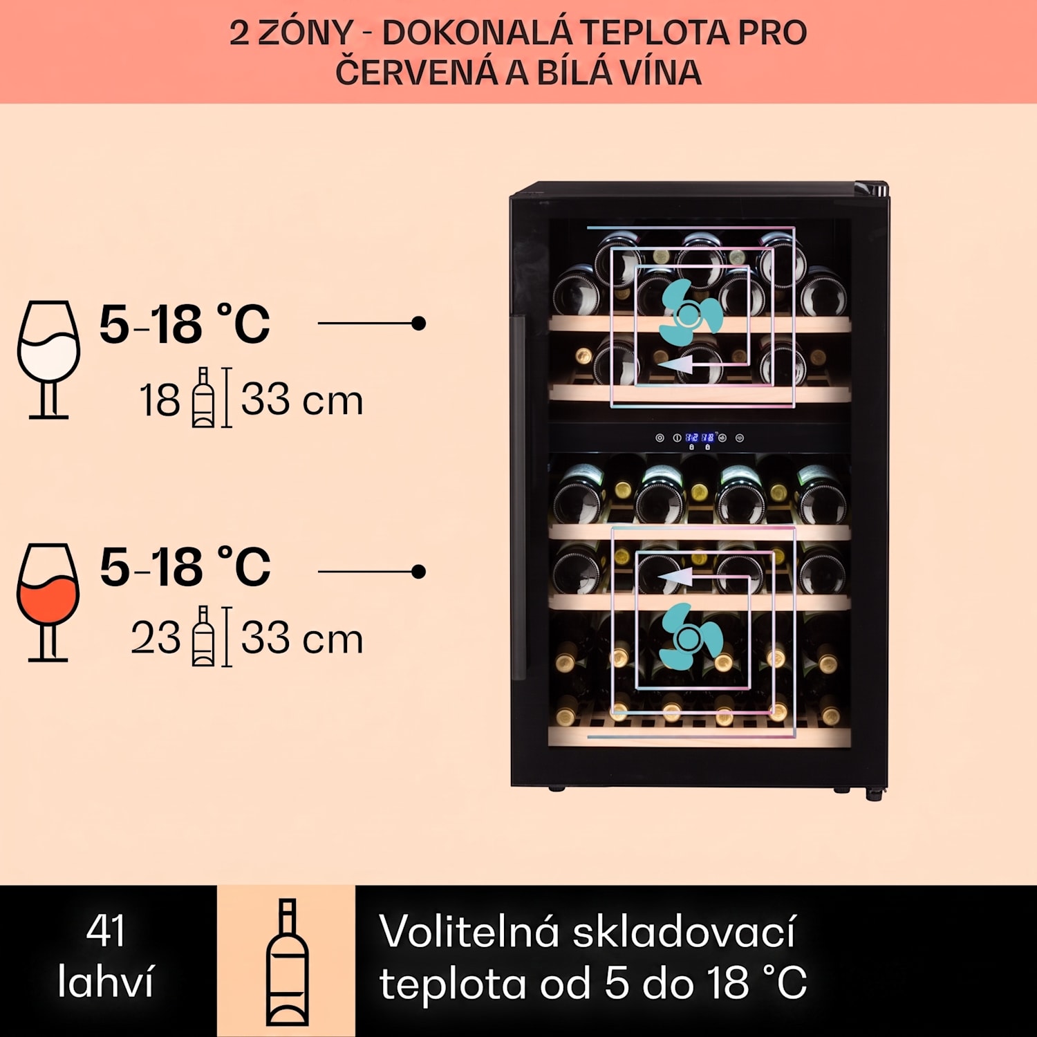 Barossa 40D, vinotéka, 135 l/41 lahví, 2 zóny, skleněné dveře, dotykové ovládání 