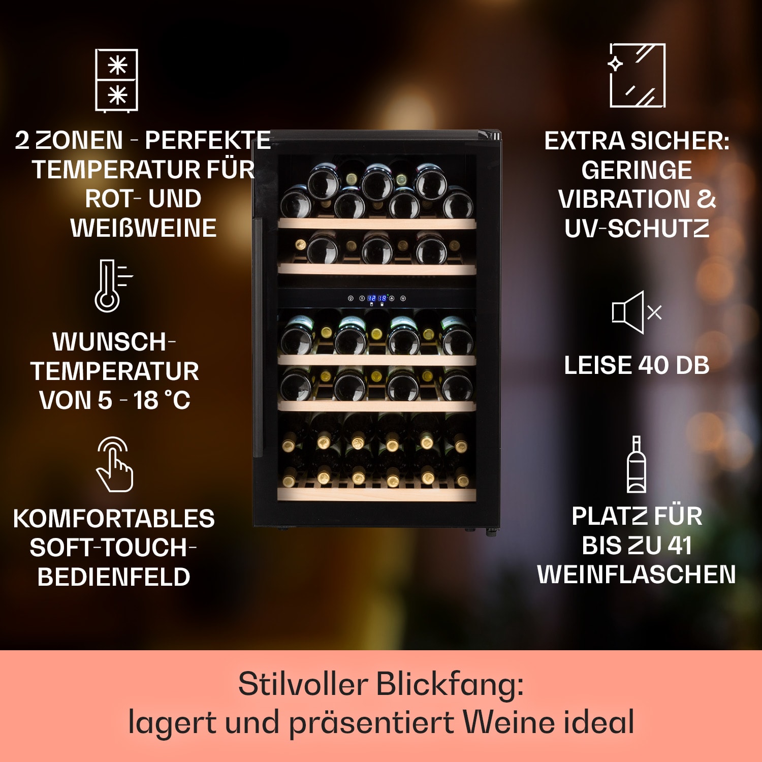 Barossa 40 Duo Weinkühlschrank 2 Zonen 41 Flaschen Glastür Touch LED 