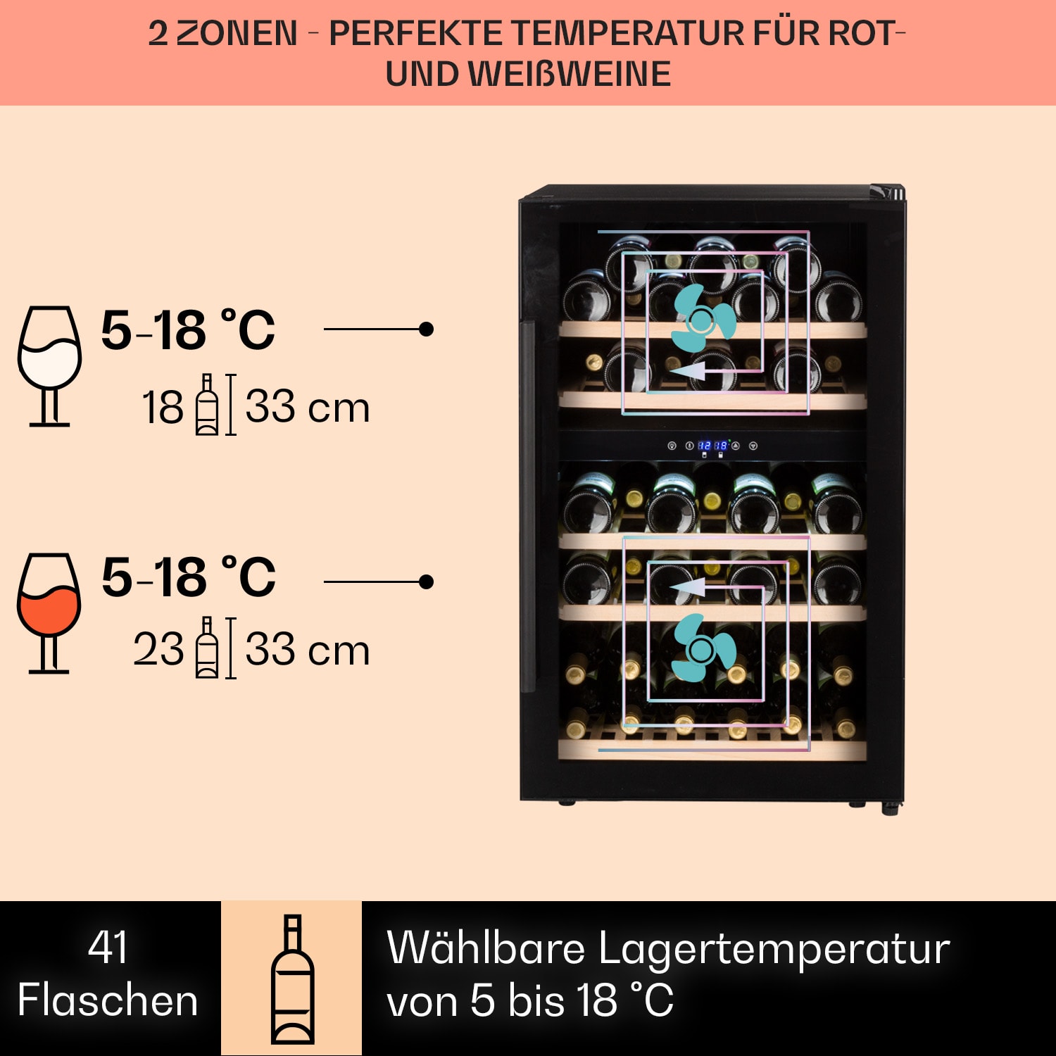 Barossa 40 Duo Weinkühlschrank 2 Zonen 41 Flaschen Glastür Touch LED 