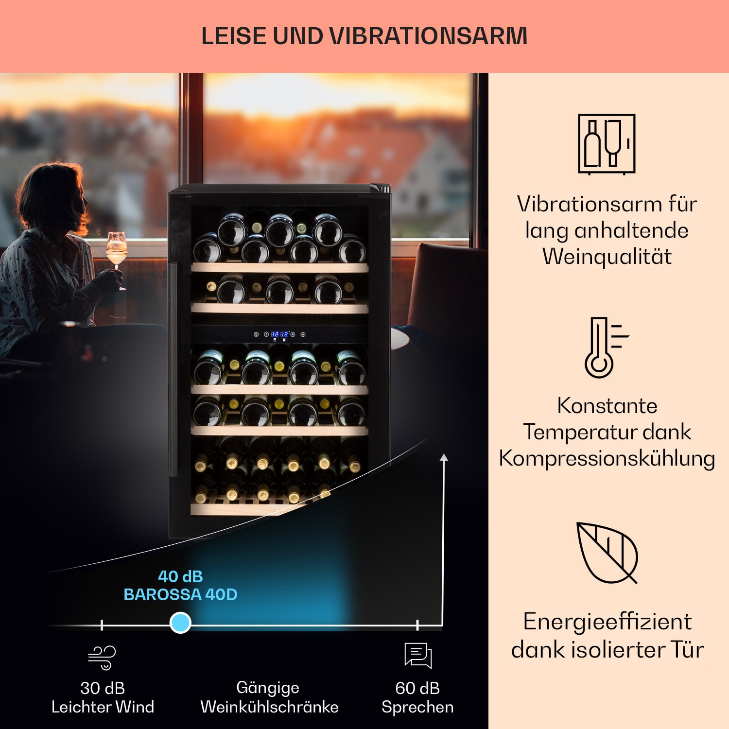 Barossa 40 Duo Weinkühlschrank 2 Zonen 41 Flaschen Glastür Touch LED 