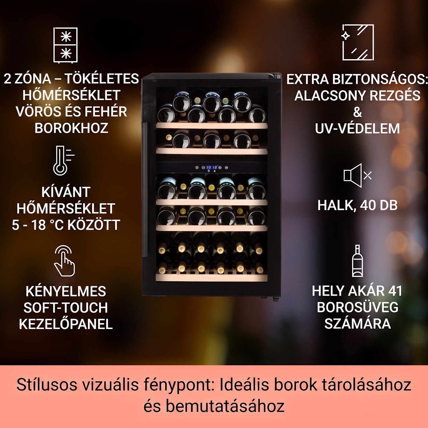 Barossa 40D, borhűtő,135 liter, 2 zóna, 41 palack, üvegajtó, érintőképernyős 