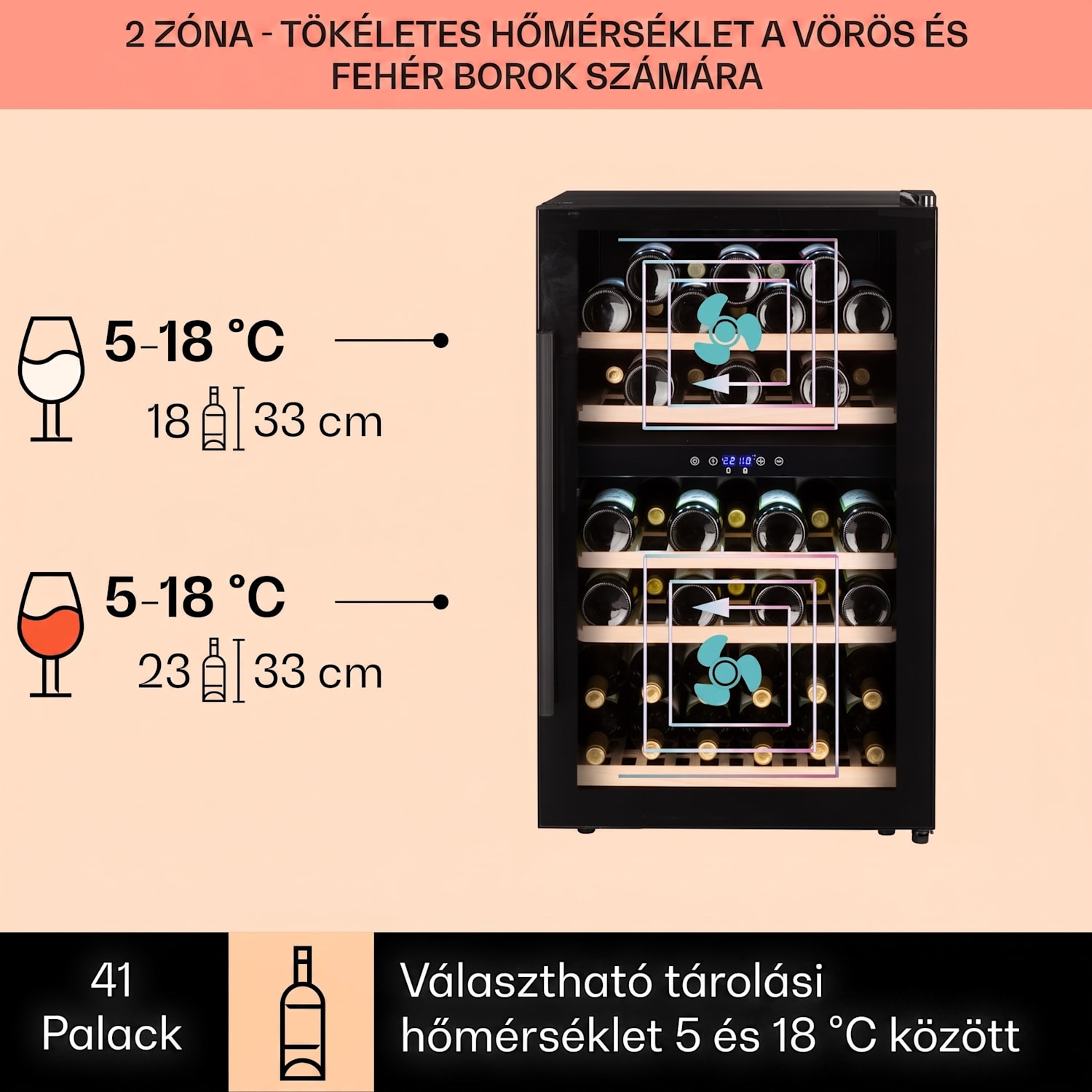 Barossa 40D, borhűtő,135 liter, 2 zóna, 41 palack, üvegajtó, érintőképernyős 
