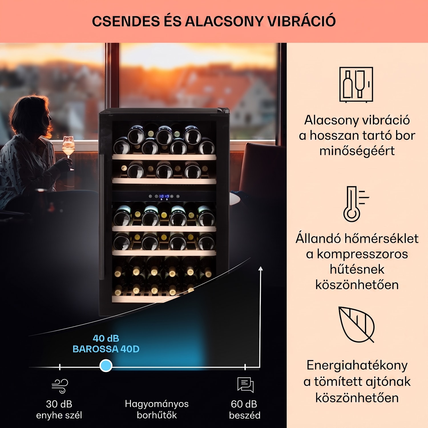 Barossa 40D, borhűtő,135 liter, 2 zóna, 41 palack, üvegajtó, érintőképernyős 