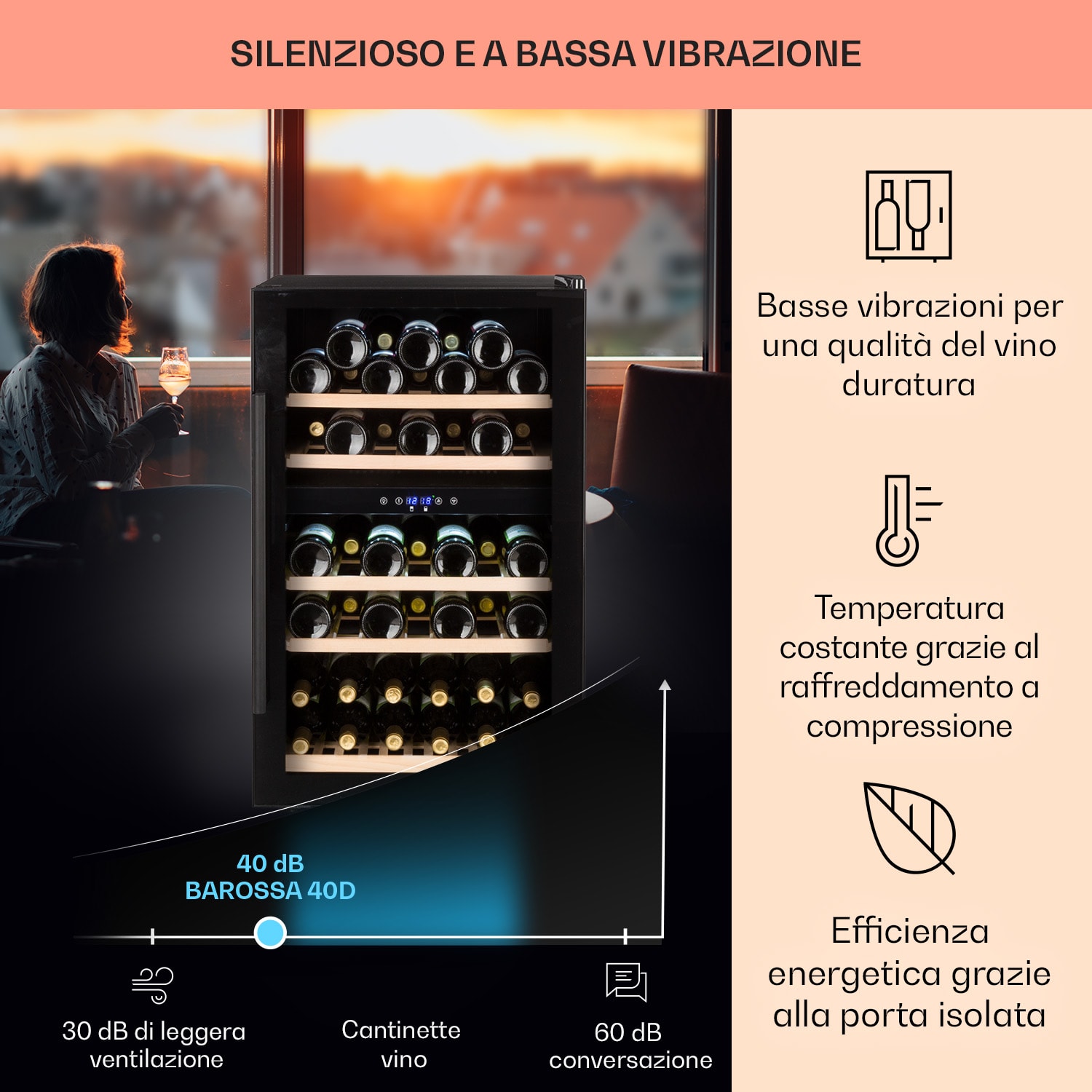Barossa 40 Duo - Frigorifero per vini, 2 zone, 41 bottiglie, porta di vetro, touch, LED 