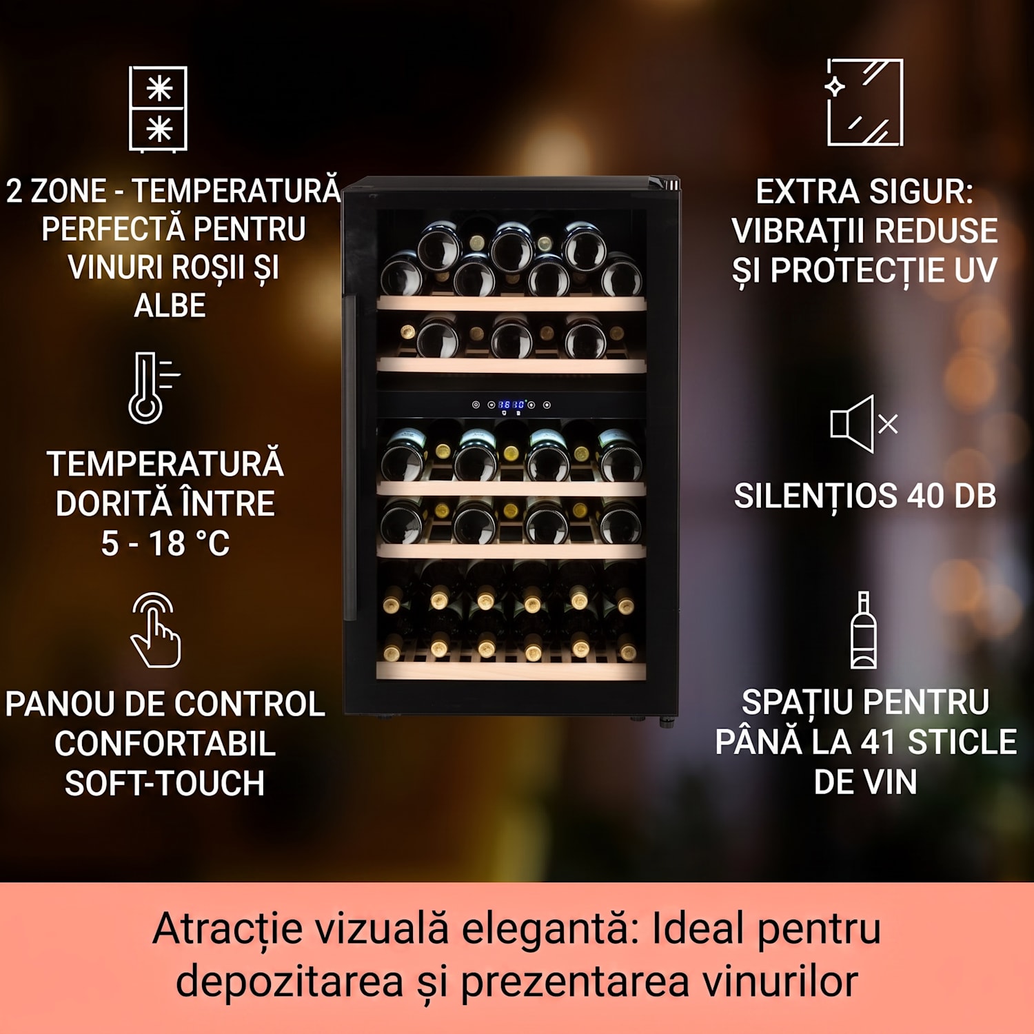 Barossa 40D, răcitor de vinuri, 2 zone, 135 l, 41 de sticle, ușă de sticlă, tactil 