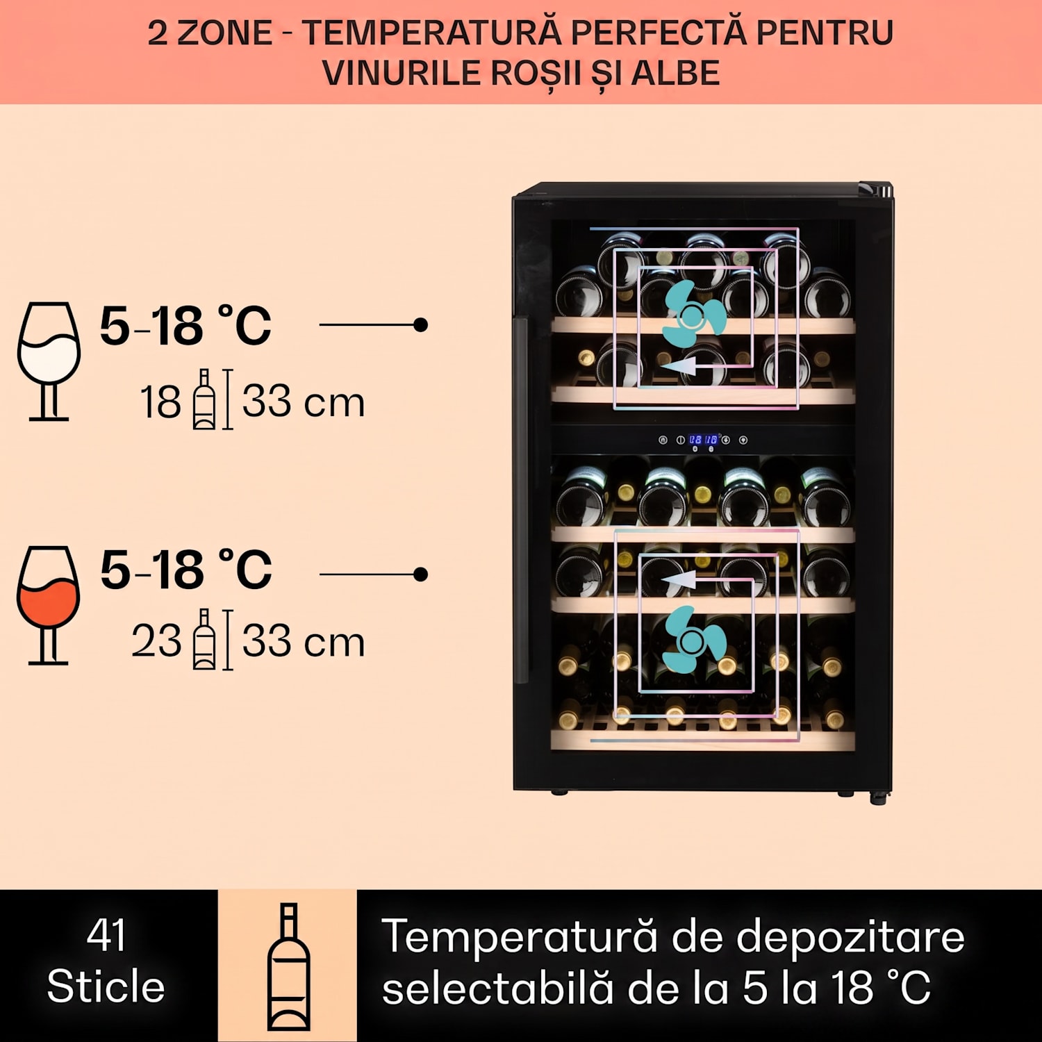 Barossa 40D, răcitor de vinuri, 2 zone, 135 l, 41 de sticle, ușă de sticlă, tactil 