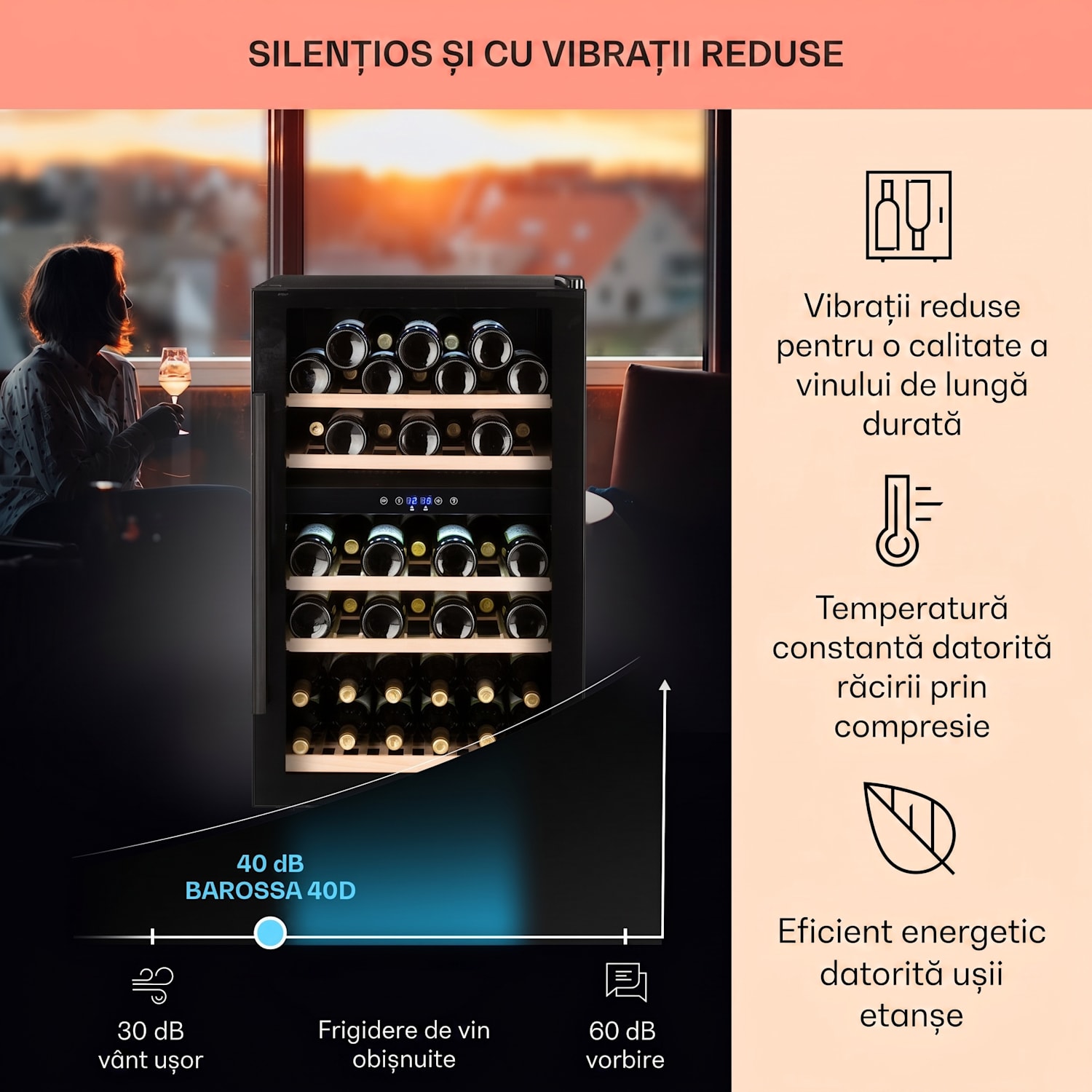 Barossa 40D, răcitor de vinuri, 2 zone, 135 l, 41 de sticle, ușă de sticlă, tactil 