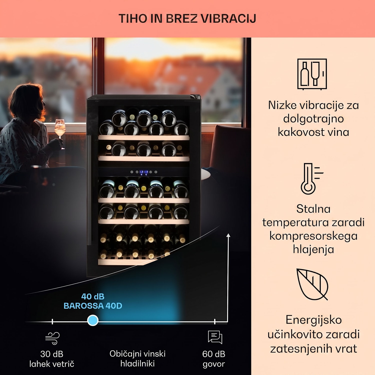Barossa 40D, vinska omara, 2 coni, 135 l, 41 steklenic, steklena vrata, na dotik 