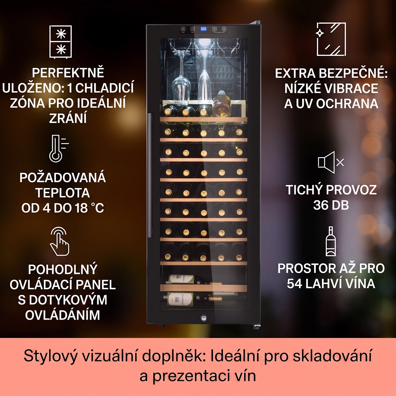 Barossa 54S, vinotéka, 155 l/54 lahví, skleněné dveře, dotykové ovládání 