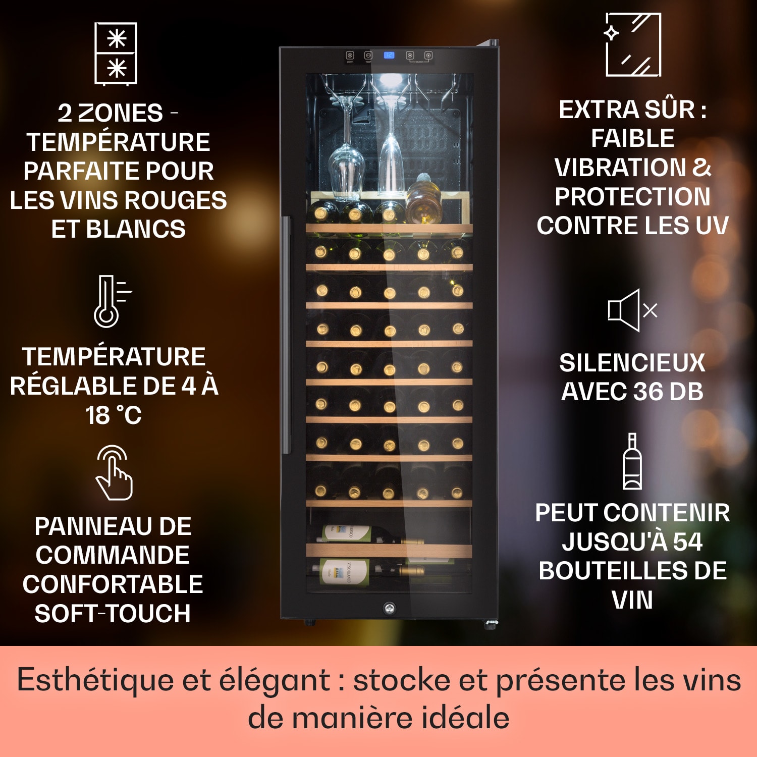 Barossa 54 Uno Cave à vin 155 L 54 bouteilles  Porte en verre Touch LED 