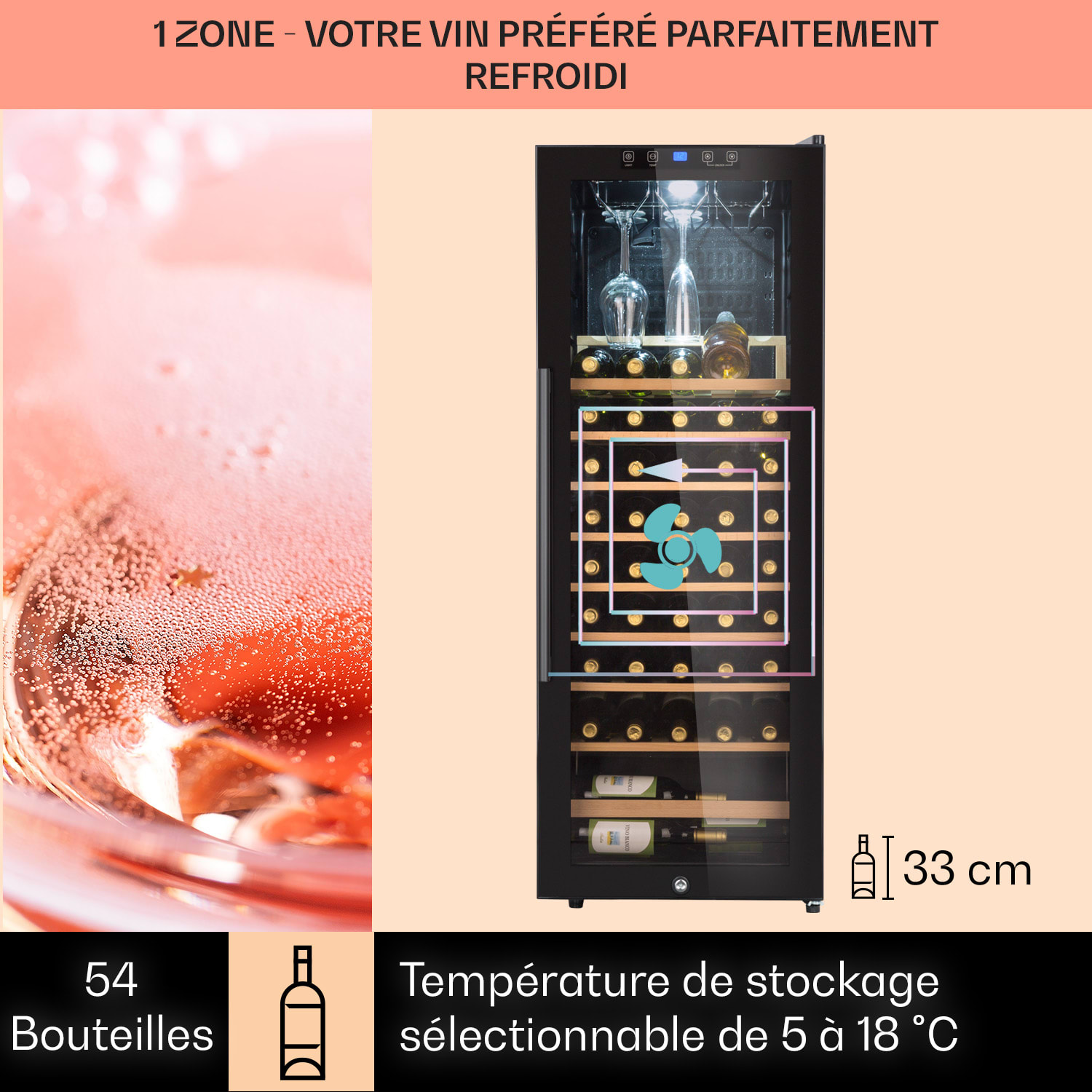 Barossa 54 Uno Cave à vin 155 L 54 bouteilles  Porte en verre Touch LED 
