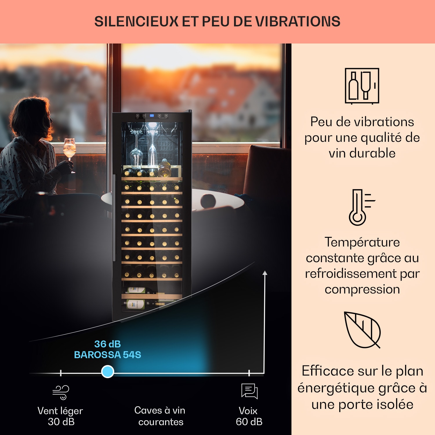 Barossa 54 Uno Cave à vin 155 L 54 bouteilles  Porte en verre Touch LED 