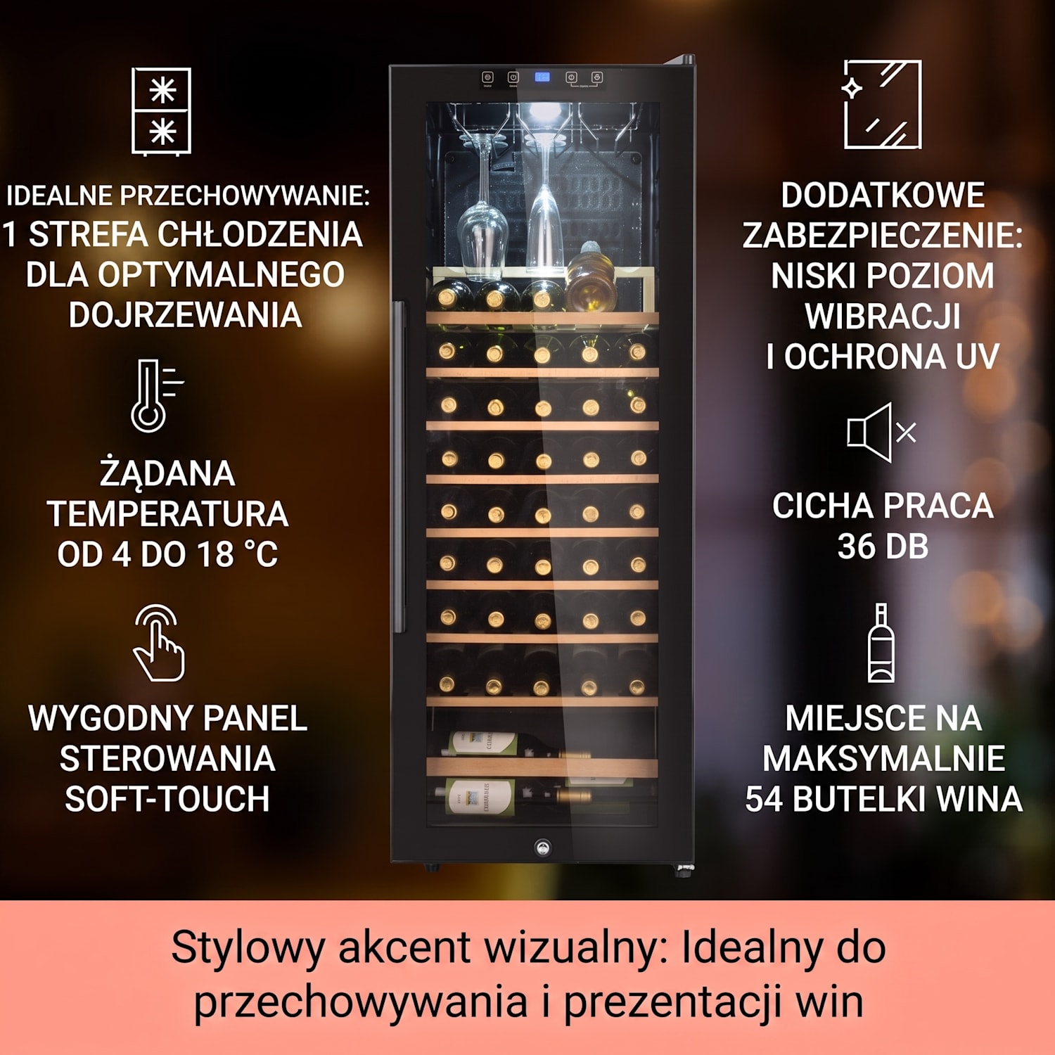 Barossa 54S, chłodziarka do wina, 148 l, 46 butelek, szklane drzwi, dotykowa 