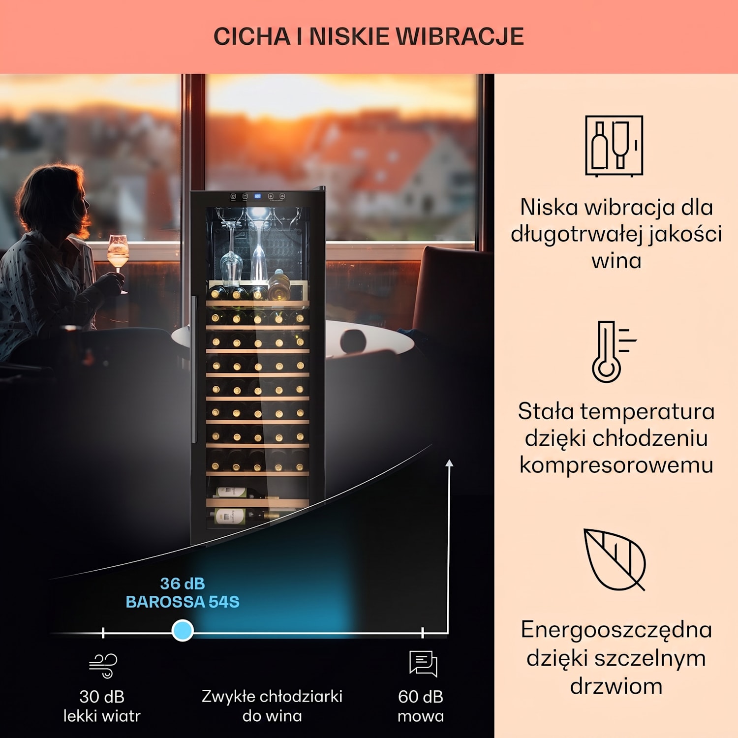 Barossa 54S, chłodziarka do wina, 148 l, 46 butelek, szklane drzwi, dotykowa 