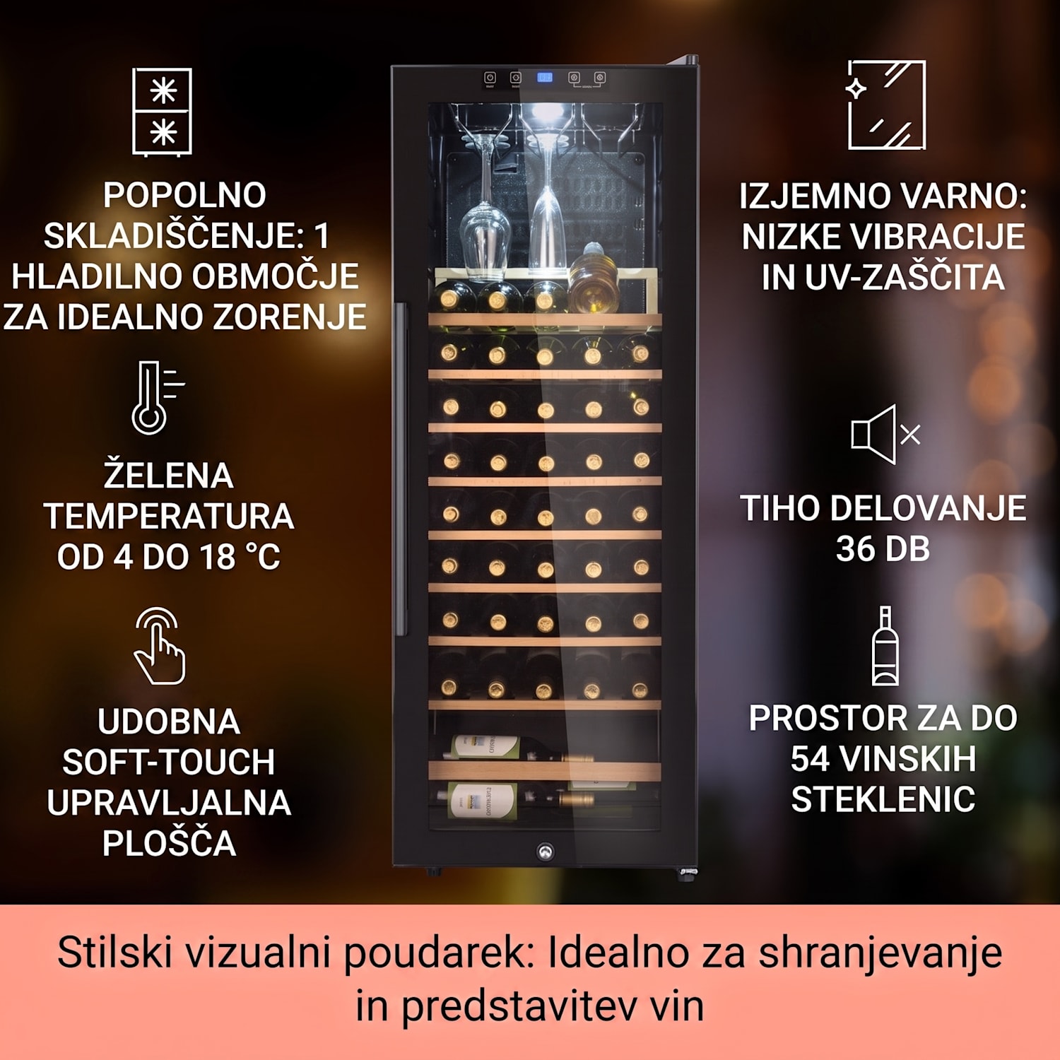 Barossa 54S, vinska omara, 155 l, 54 steklenic, steklena vrata, na dotik 