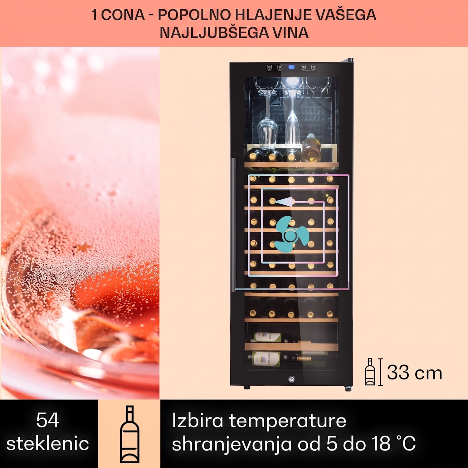 Barossa 54S, vinska omara, 155 l, 54 steklenic, steklena vrata, na dotik 