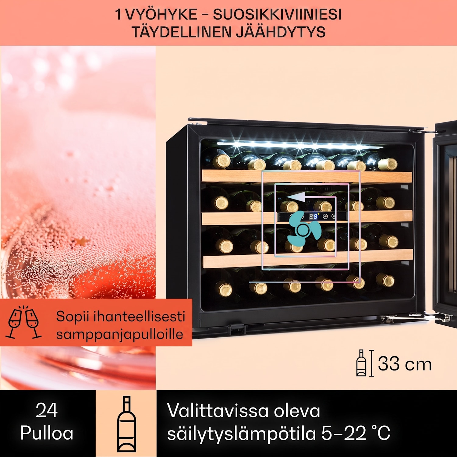 Vinsider 24 Built-In Uno Onyx Edition -viinikaappi integroitava 24 pullolle 57 l 24 pulloa | 1 jäähdytysalue | Musta