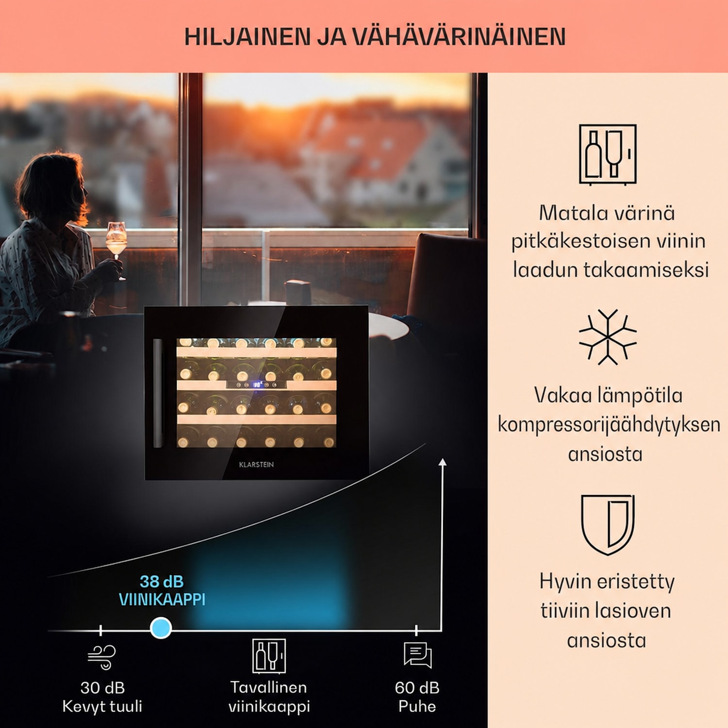 Vinsider 24 Built-In Uno Onyx Edition -viinikaappi integroitava 24 pullolle 57 l 24 pulloa | 1 jäähdytysalue | Musta
