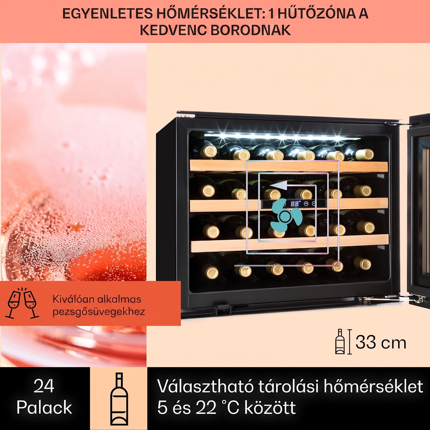 Vinsider 24 Onyx Edition, beépített borhűtő, G energiahatékonysági osztály G osztály 24 palack | 1 hűtőzóna | Fekete