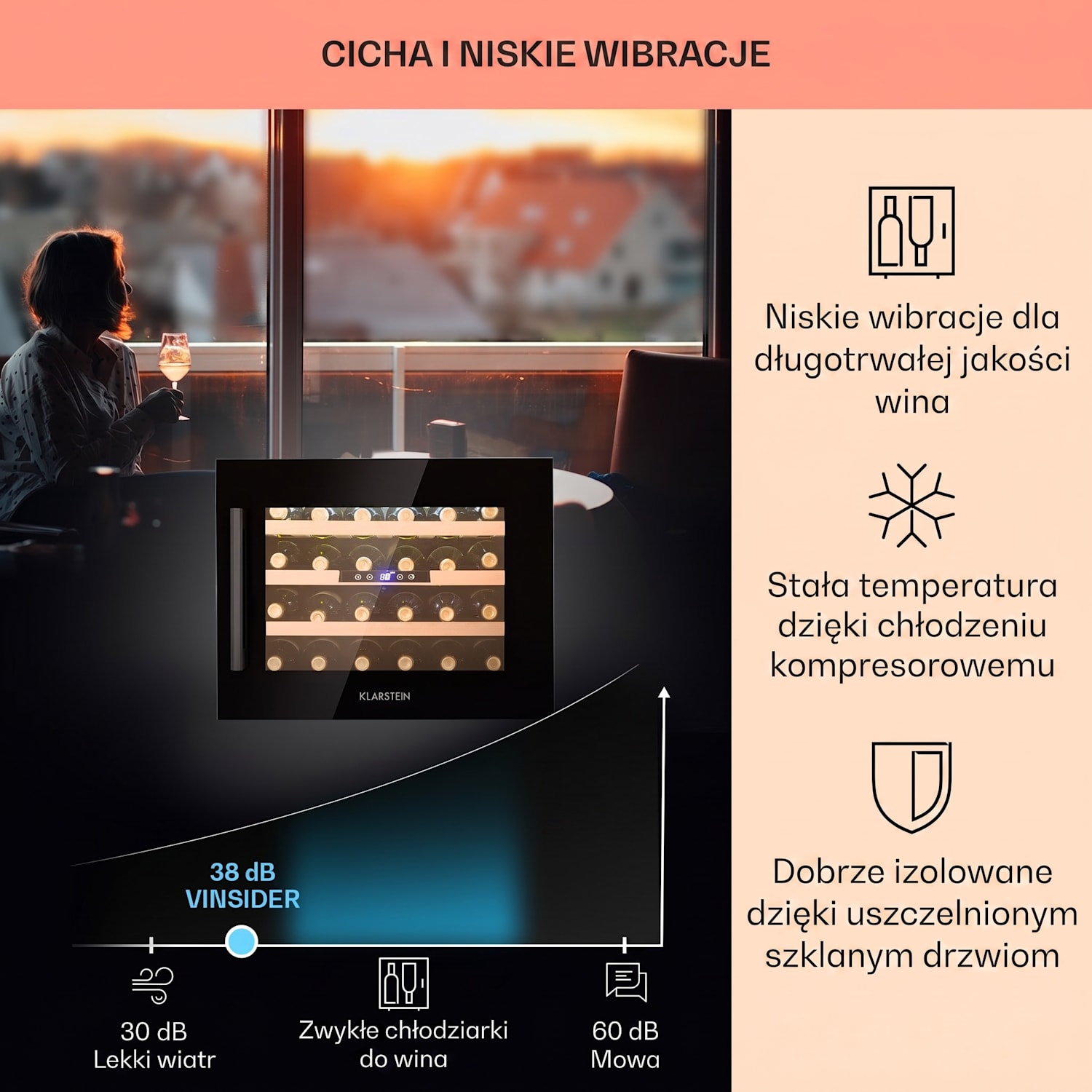 Vinsider 24 Onyx Edition, chłodziarka do wina do zabudowy, klasa energetyczna G 24 butelki | 1 strefa chłodzenia | Czarny