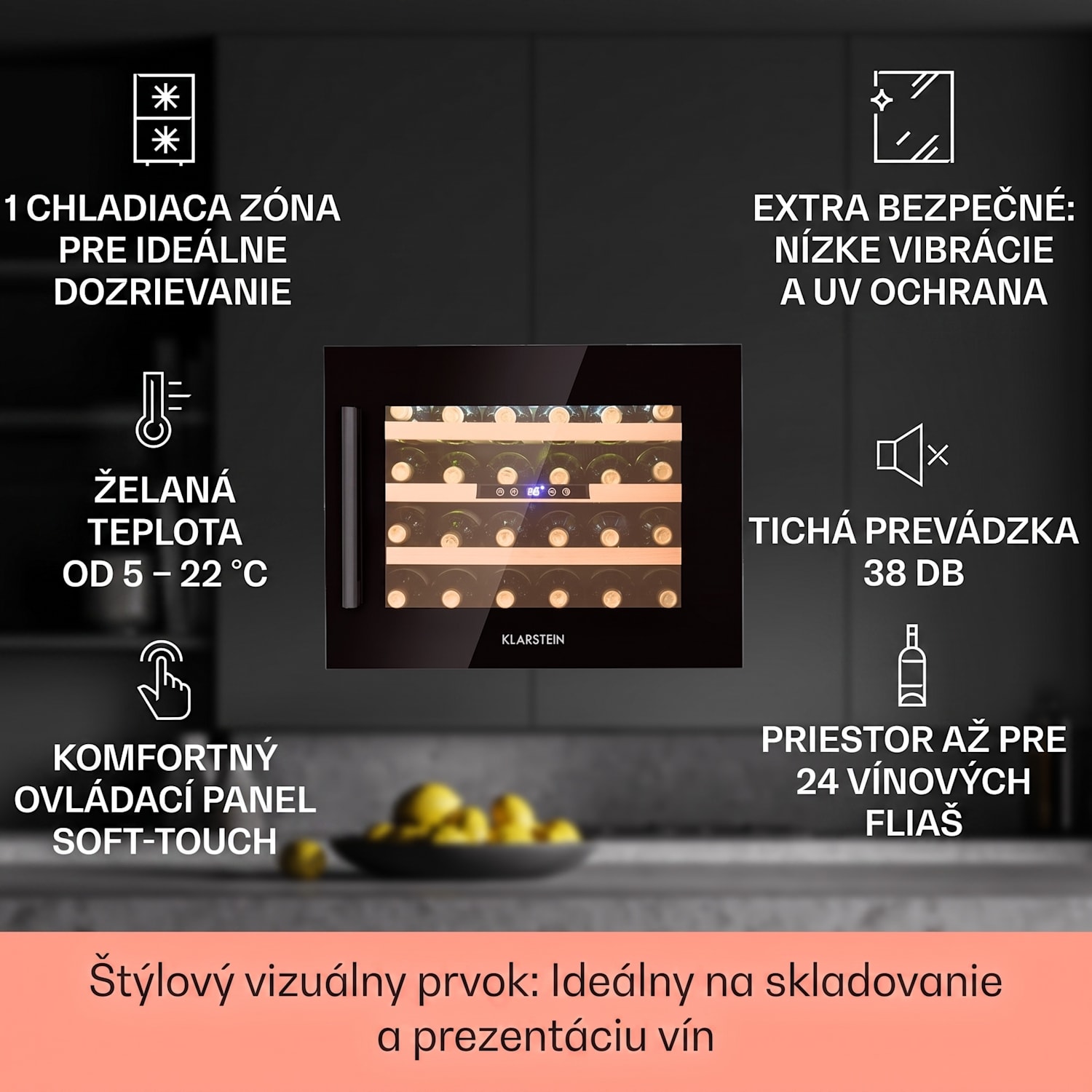 Vinsider 24 Onyx Edition, vstavaná vinotéka, energet. trieda G 24 fliaš | 1 chladiaca zóna | Čierna