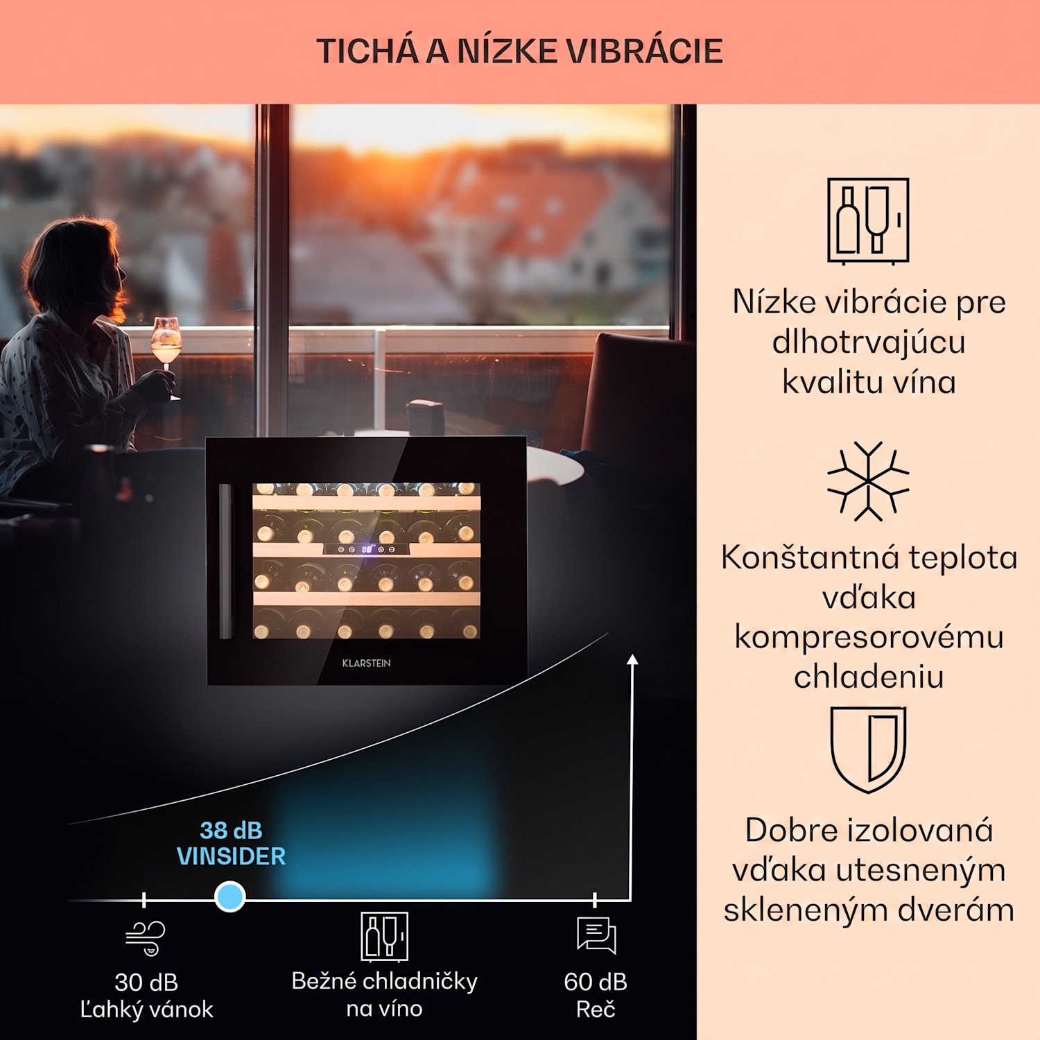 Vinsider 24 Onyx Edition, vstavaná vinotéka, energet. trieda G 24 fliaš | 1 chladiaca zóna | Čierna