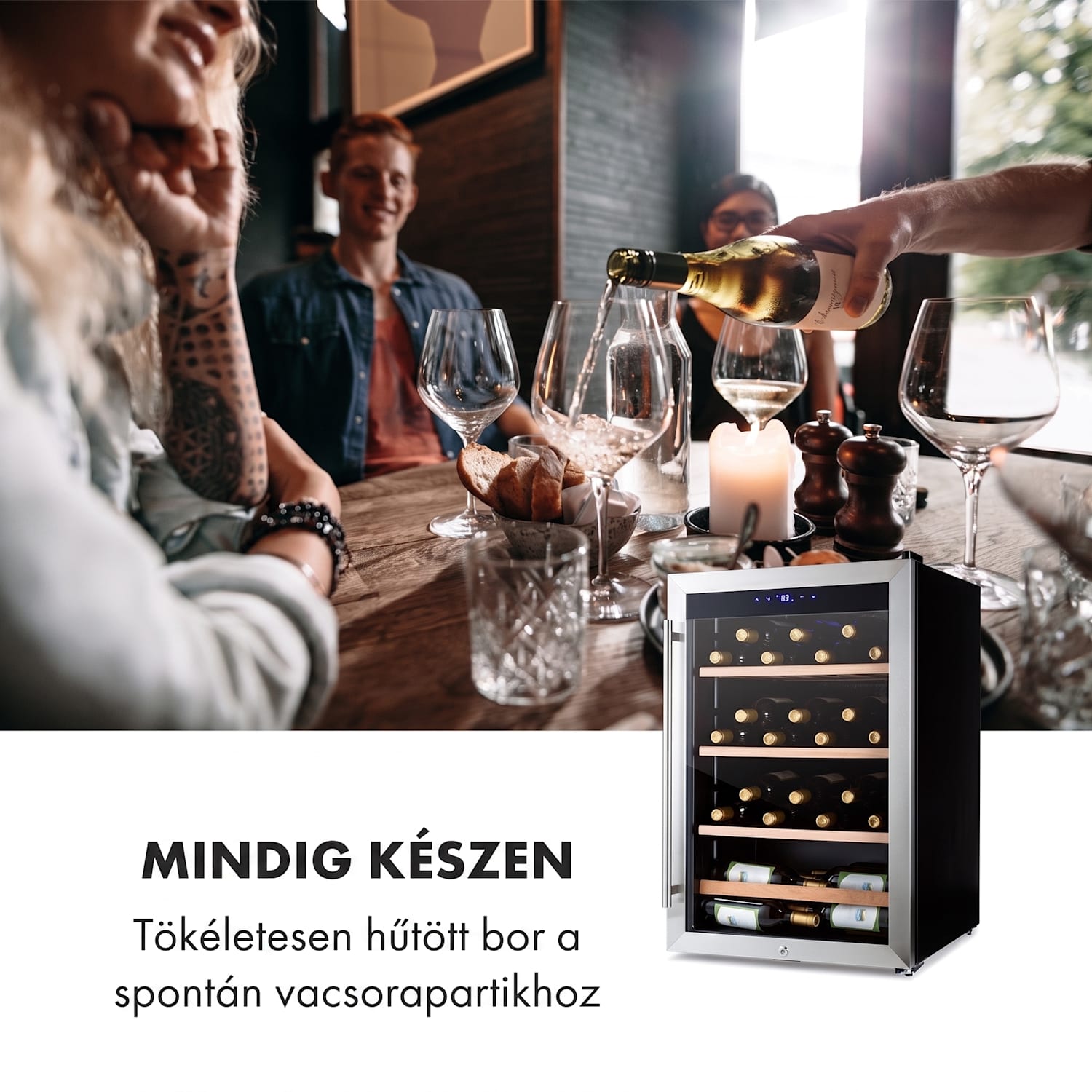 Vinamour 48 Uno, borhűtő, 128 liter, 48 palack, 3 polc, 4 - 18 °C, rozsdamentes acél 48 palack | 1 hűtőzóna | Fekete