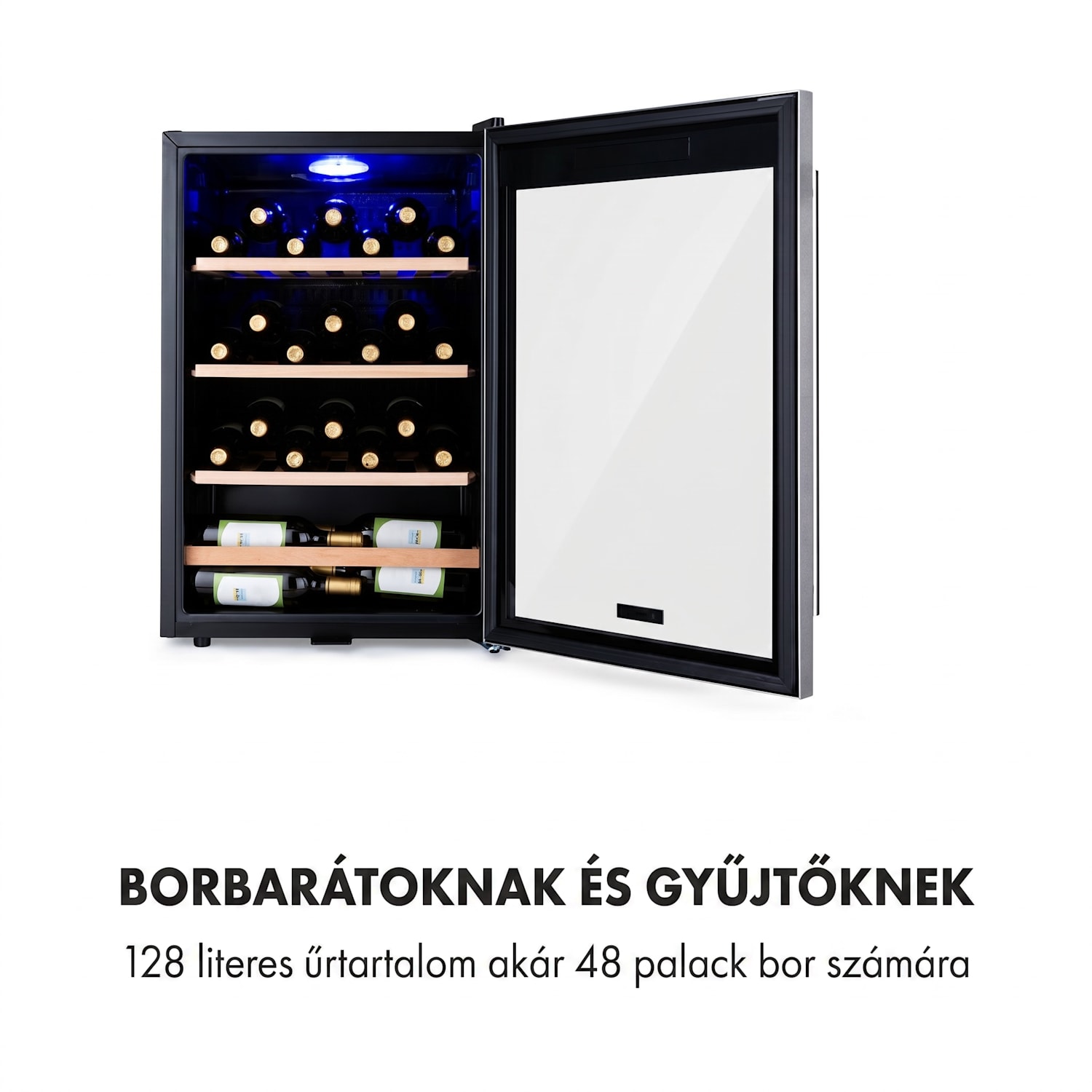 Vinamour 48 Uno, borhűtő, 128 liter, 48 palack, 3 polc, 4 - 18 °C, rozsdamentes acél 48 palack | 1 hűtőzóna | Fekete