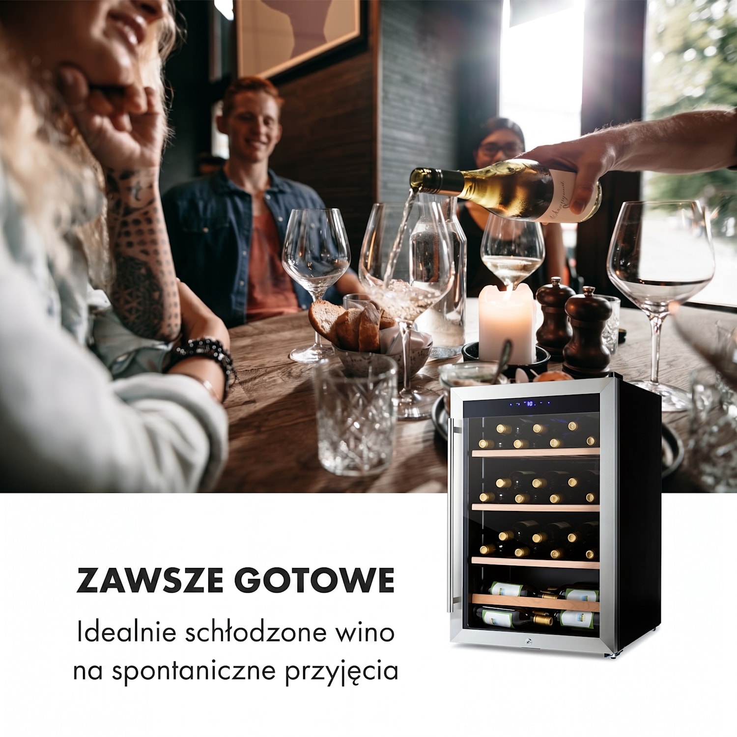 Vinamour 48 Uno, chłodziarka do wina, 128 l, 48 butelek, 3 półki, 4-18°C, stal szlachetna 48 butelek | 1 strefa chłodzenia | Czarny
