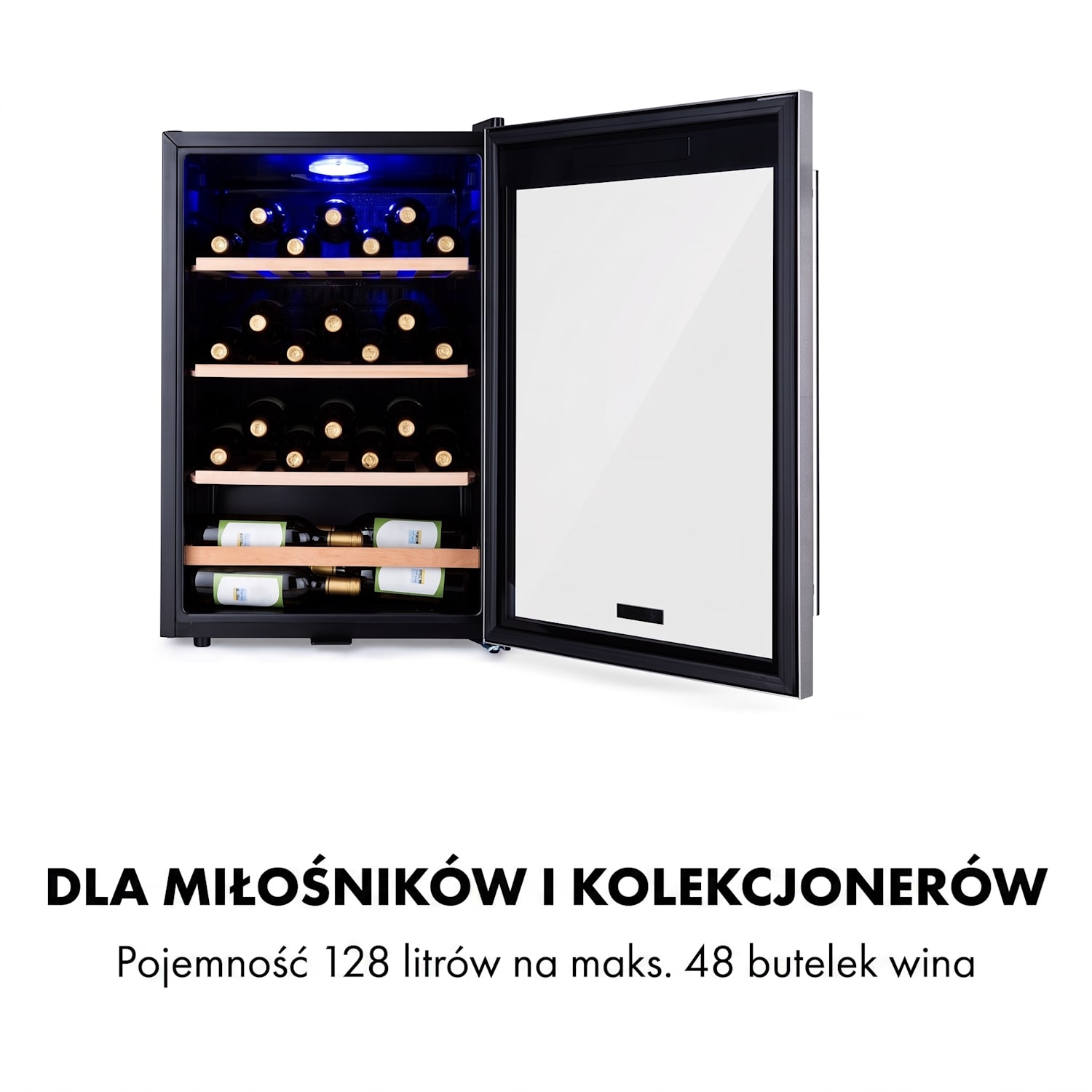 Vinamour 48 Uno, chłodziarka do wina, 128 l, 48 butelek, 3 półki, 4-18°C, stal szlachetna 48 butelek | 1 strefa chłodzenia | Czarny