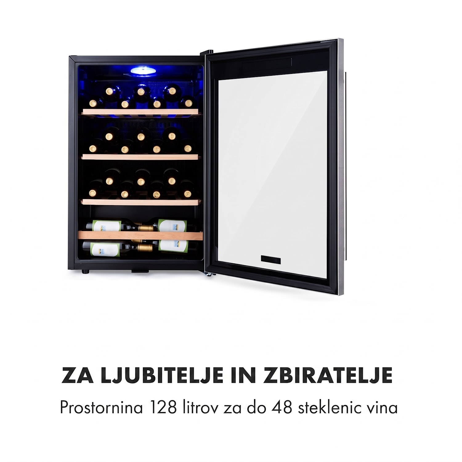 Vinamour 48 Uno, vinska omara, 128 l, 48 steklenic, 3 police, 4 – 18 °C, nerjaveče jeklo 48 steklenic | 1 | Črna