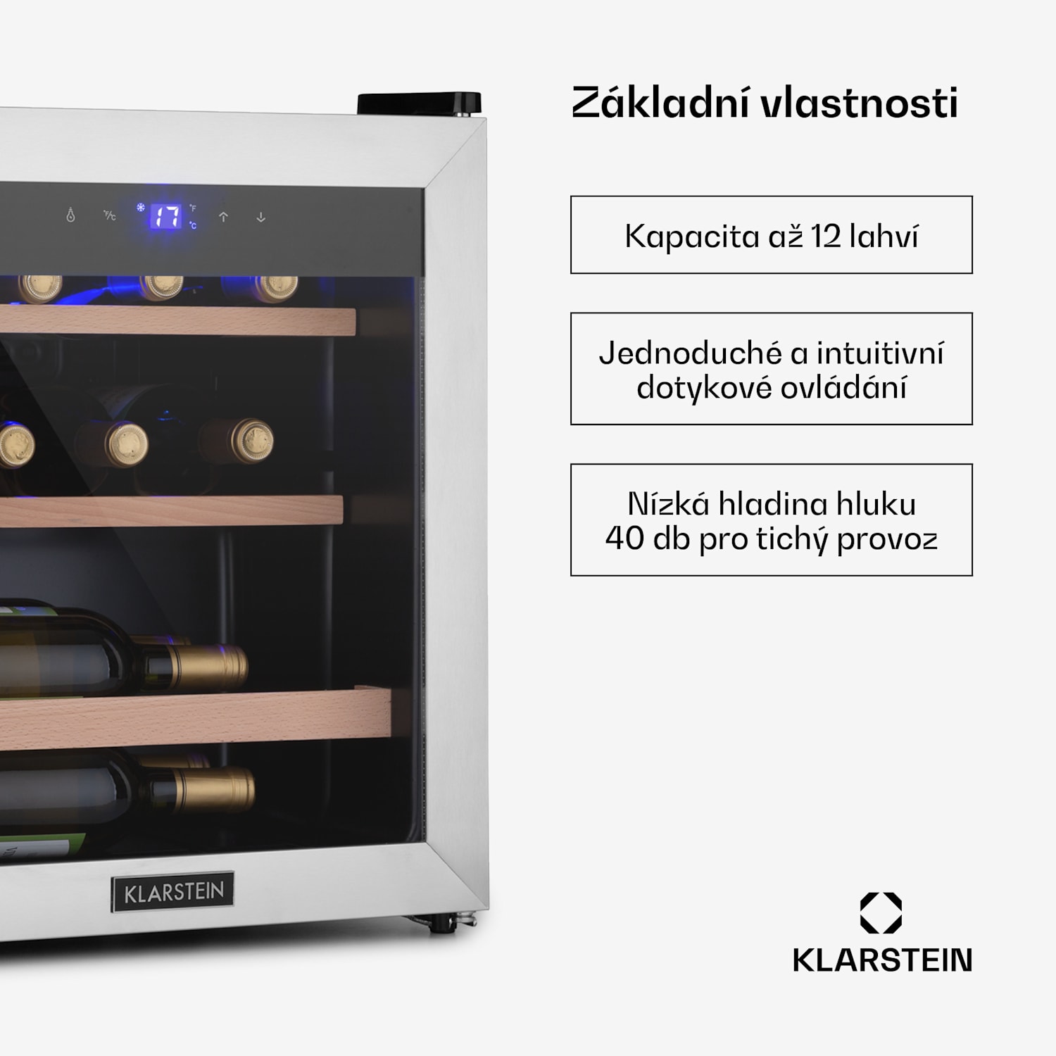 Vinetage 12 Uno, vinotéka, 46 l, 12 lahví, 4-18°C, 40 dB, sklo 12 lahví | 1 chladící zóna | Stříbrná